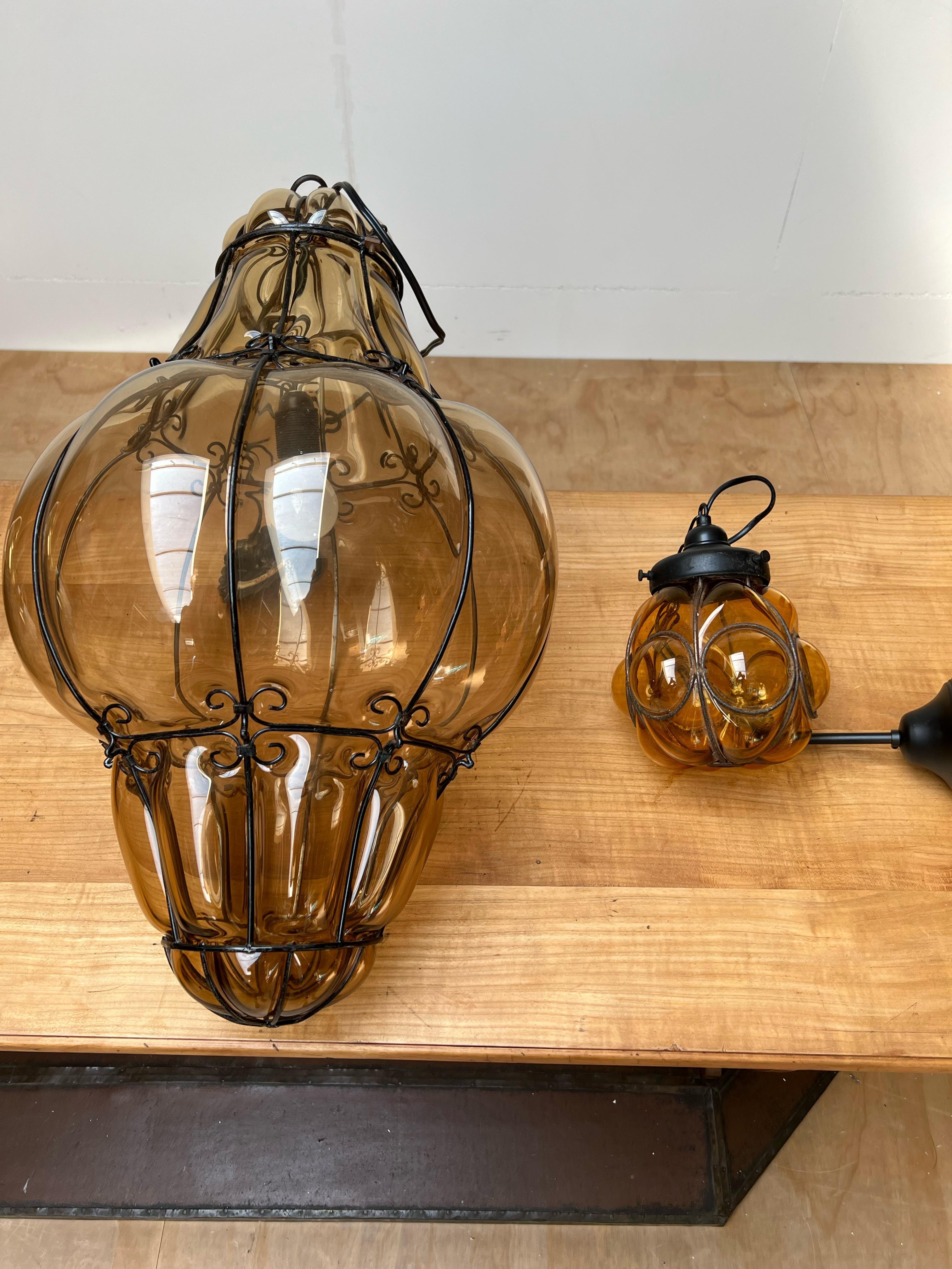 Arts and Crafts Smallest Venetian Hall Pendant Light, Mouth Blown Glass into Wrought Iron Frame For Sale