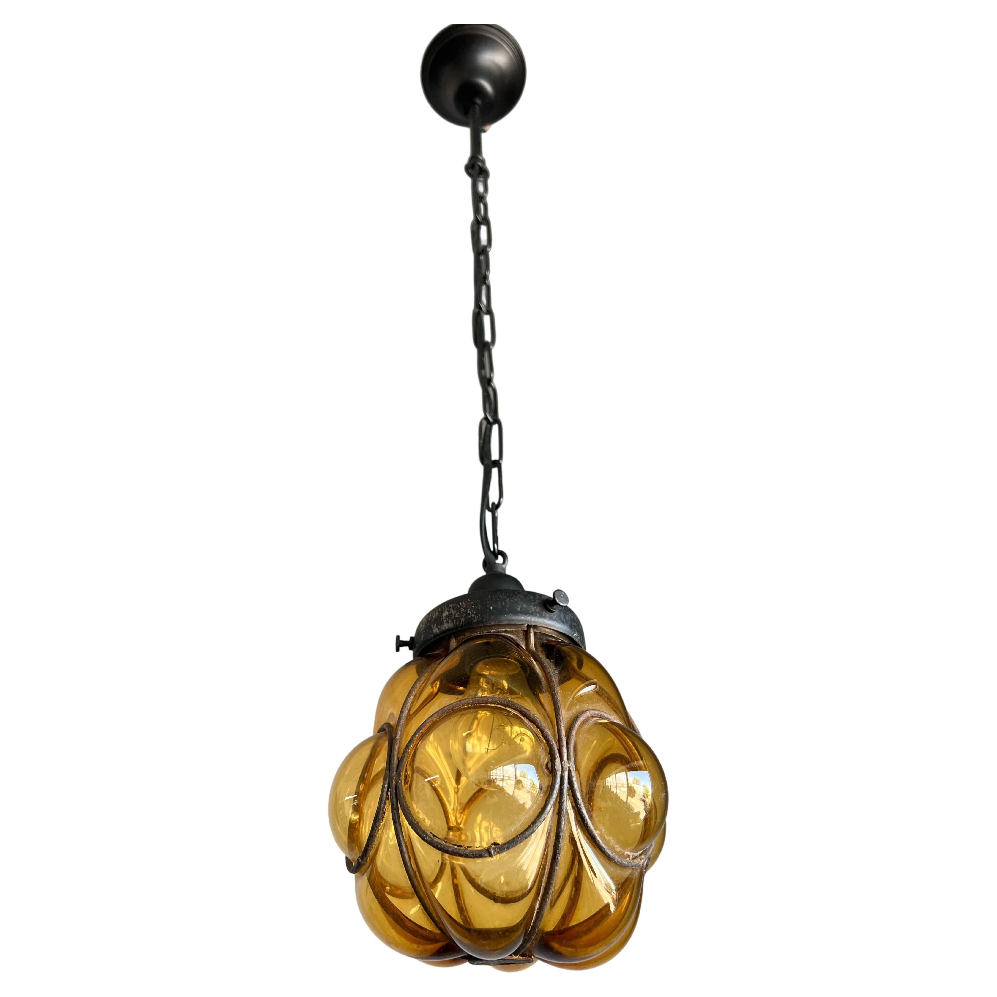 Smallest Venetian Hall Pendant Light, Mouth Blown Glass into Wrought Iron Frame For Sale
