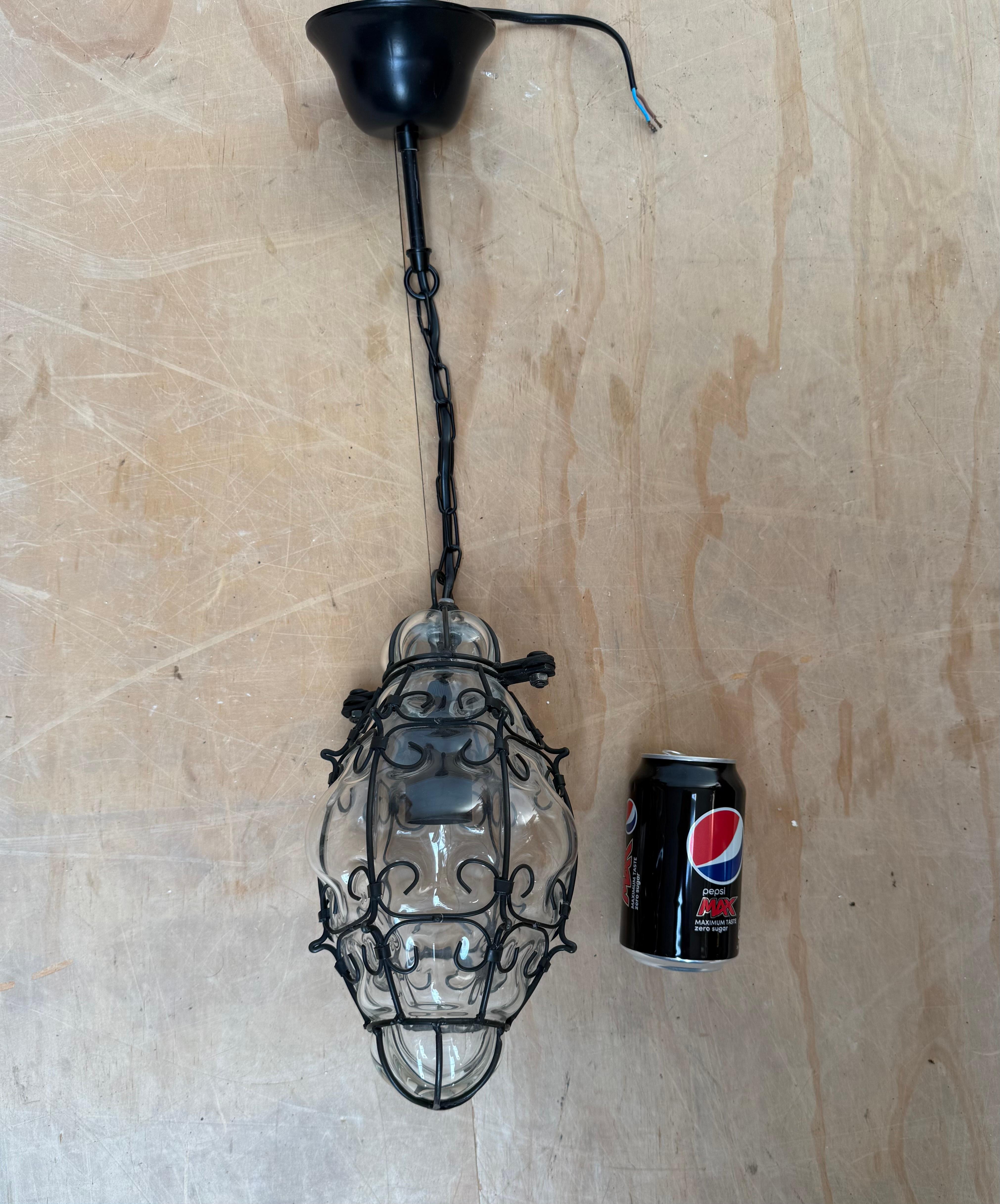 Smallest Venetian Murano Hall Pendant Mouth Blown Glass into Wrought Iron Frame For Sale 3