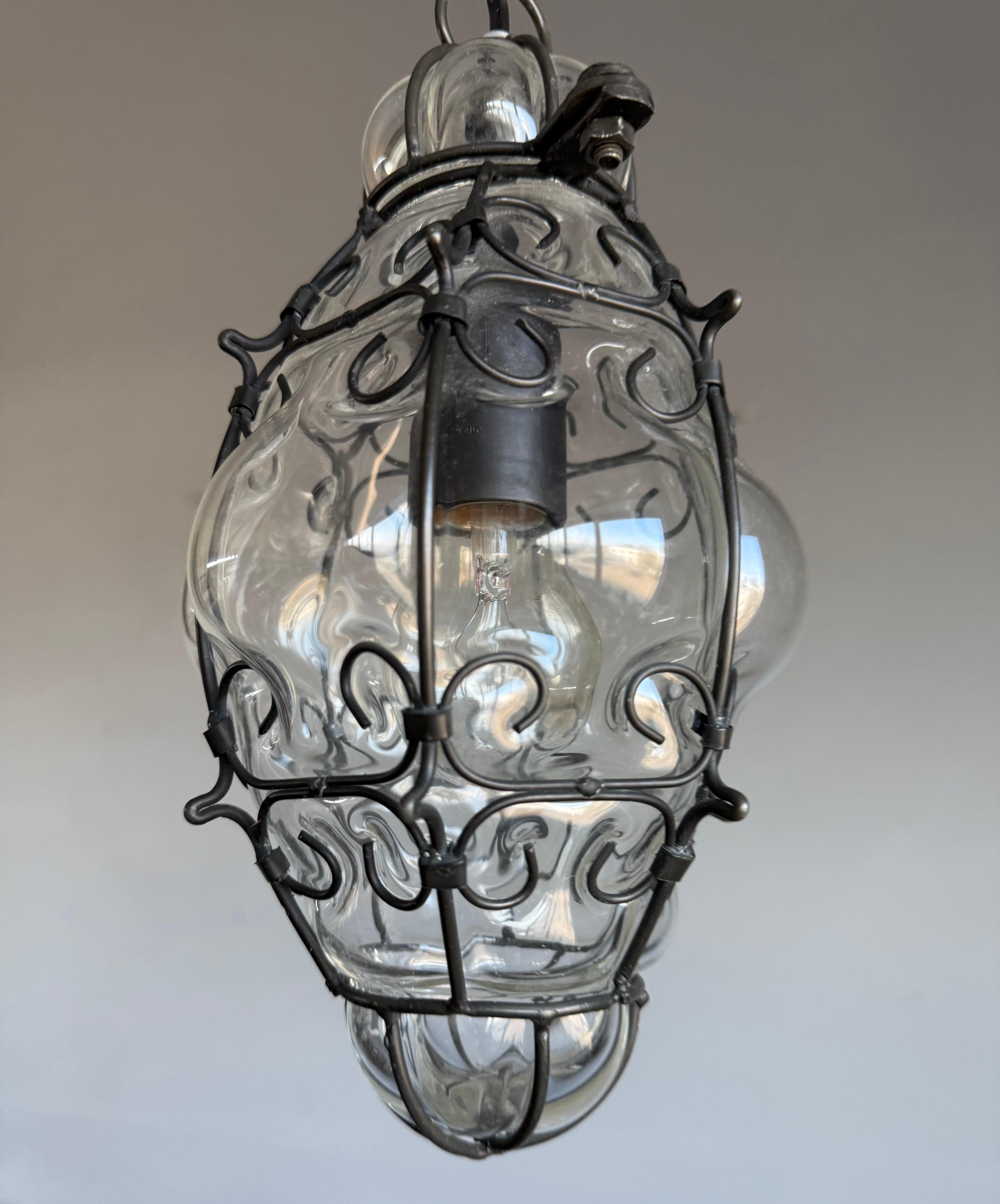 Smallest Venetian Murano Hall Pendant Mouth Blown Glass into Wrought Iron Frame For Sale 4