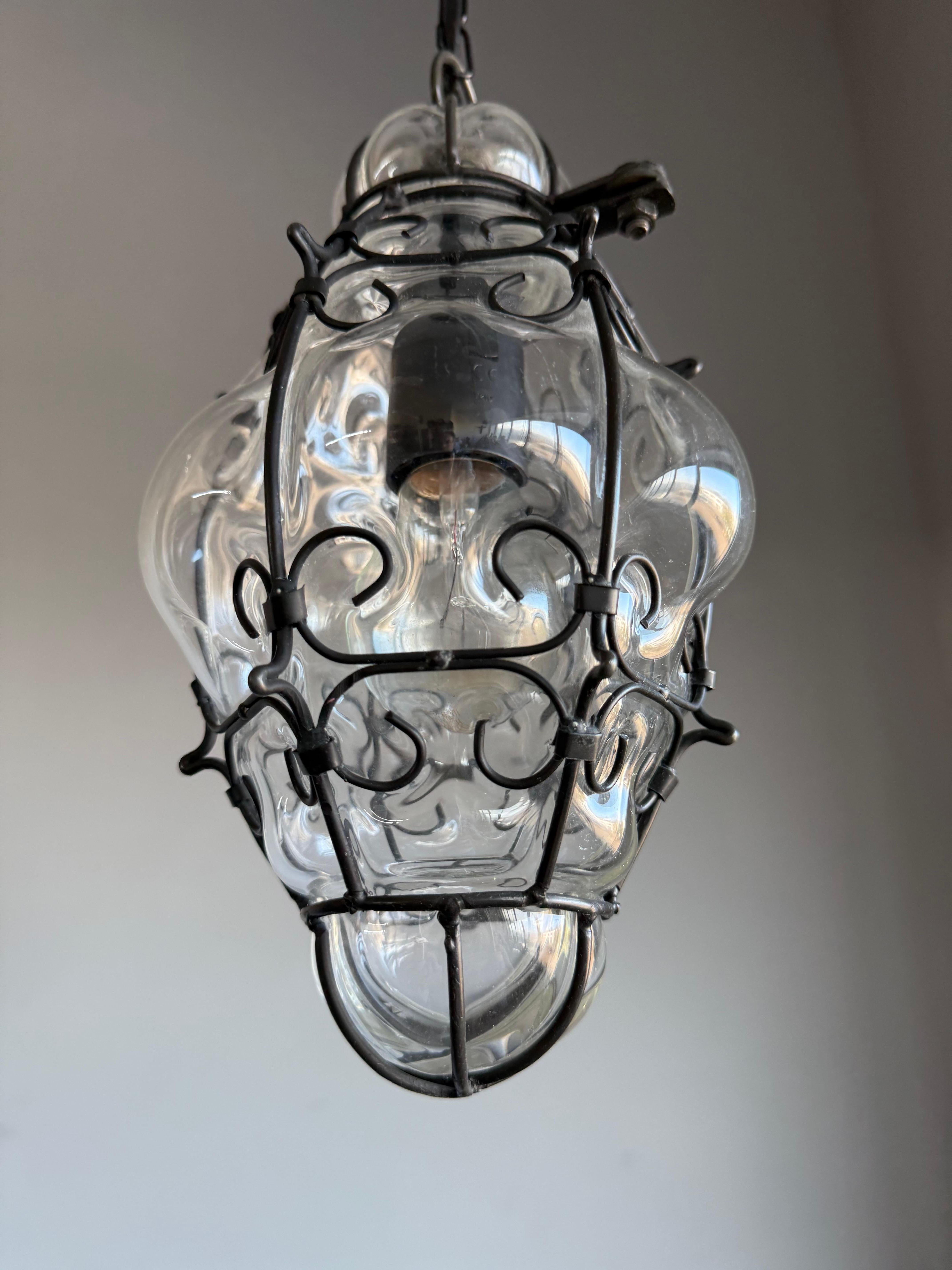 Smallest Venetian Murano Hall Pendant Mouth Blown Glass into Wrought Iron Frame For Sale 5