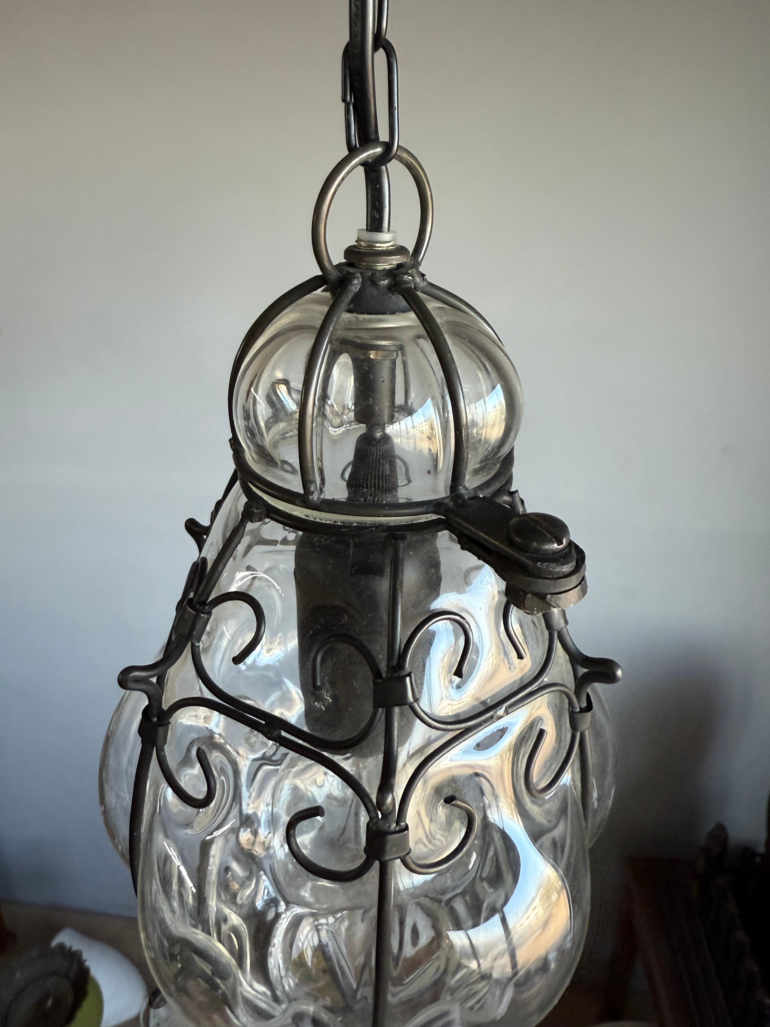 Smallest Venetian Murano Hall Pendant Mouth Blown Glass into Wrought Iron Frame For Sale 6