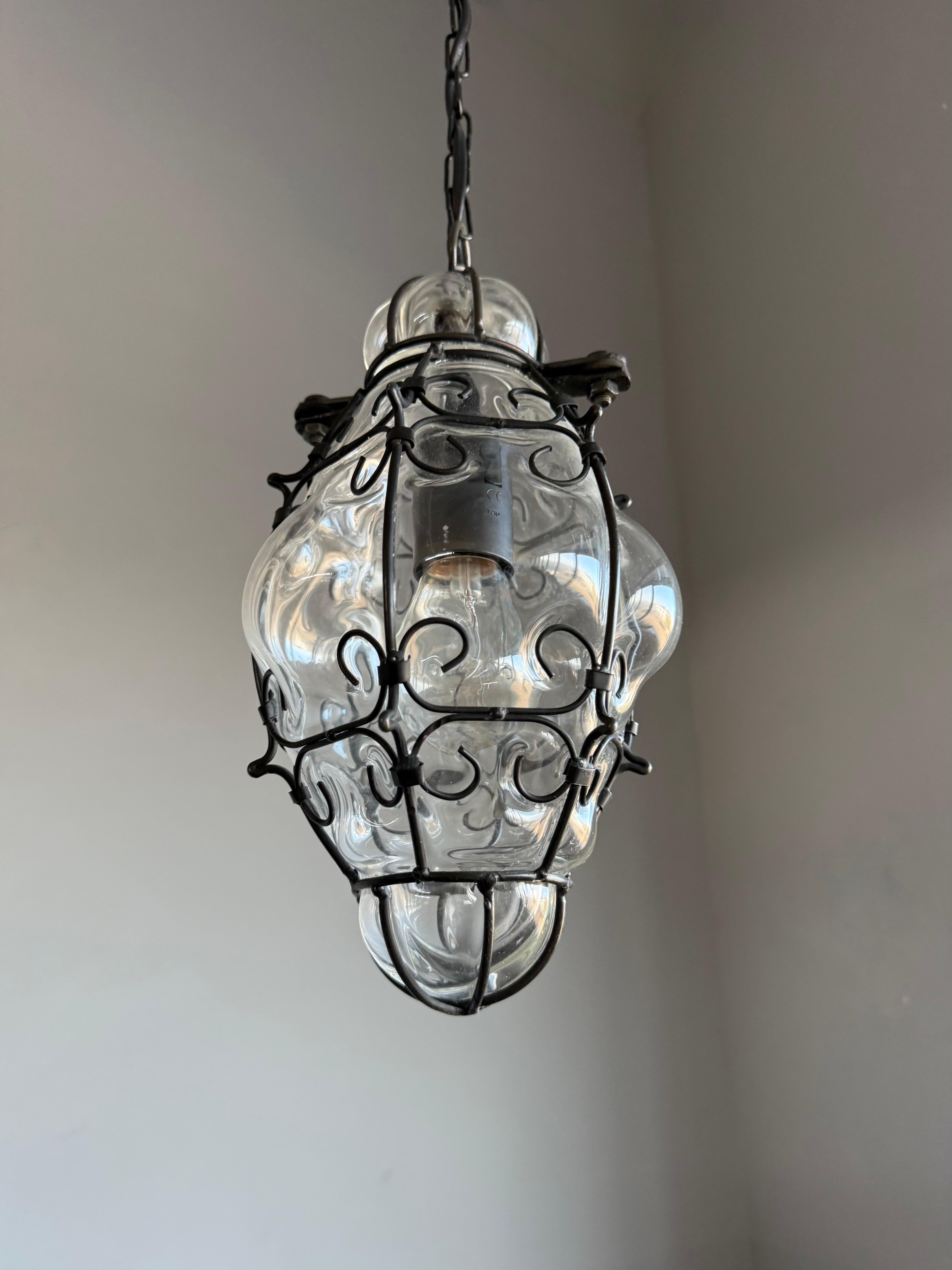 Smallest Venetian Murano Hall Pendant Mouth Blown Glass into Wrought Iron Frame For Sale 7