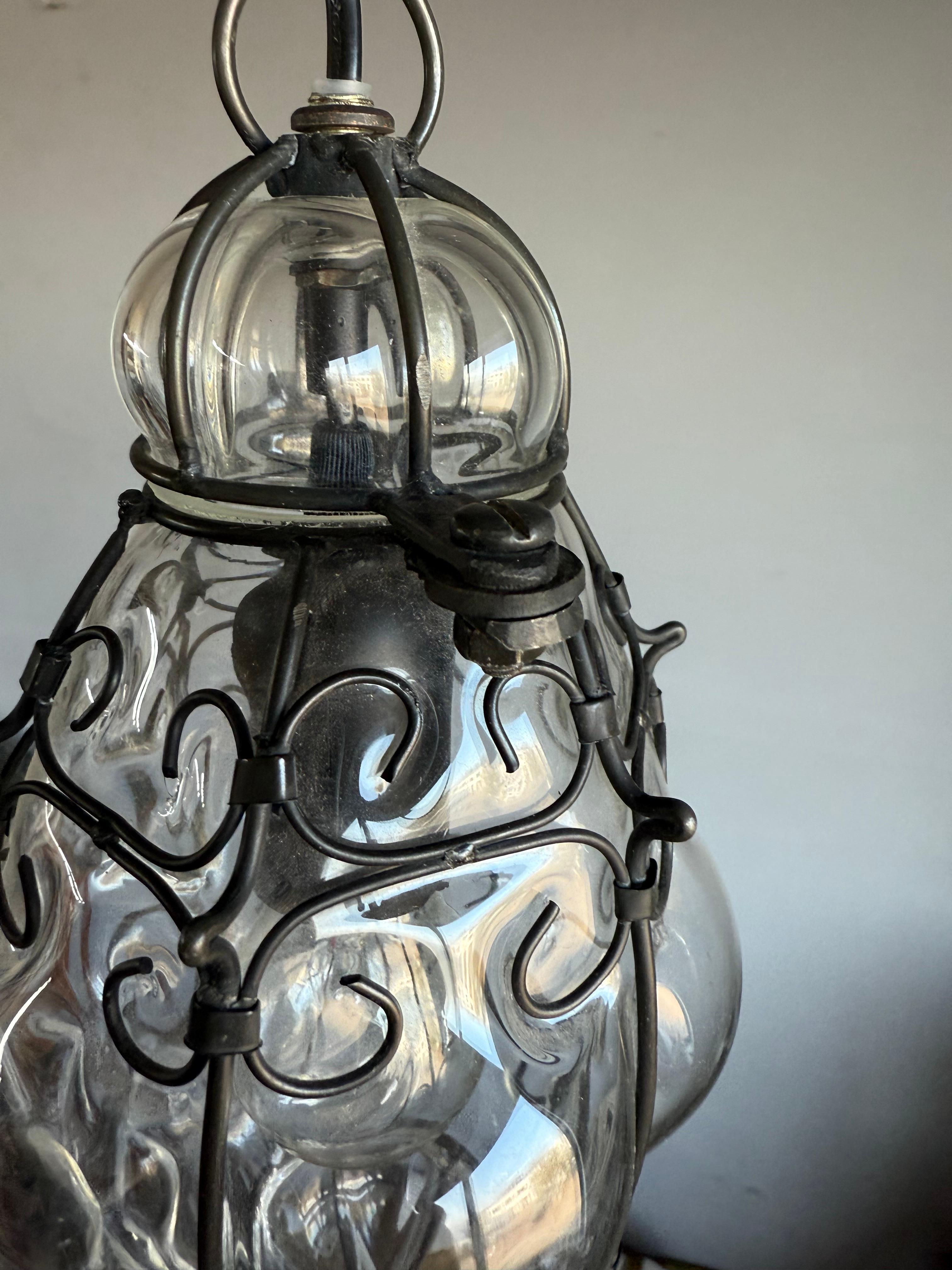 Smallest Venetian Murano Hall Pendant Mouth Blown Glass into Wrought Iron Frame For Sale 8