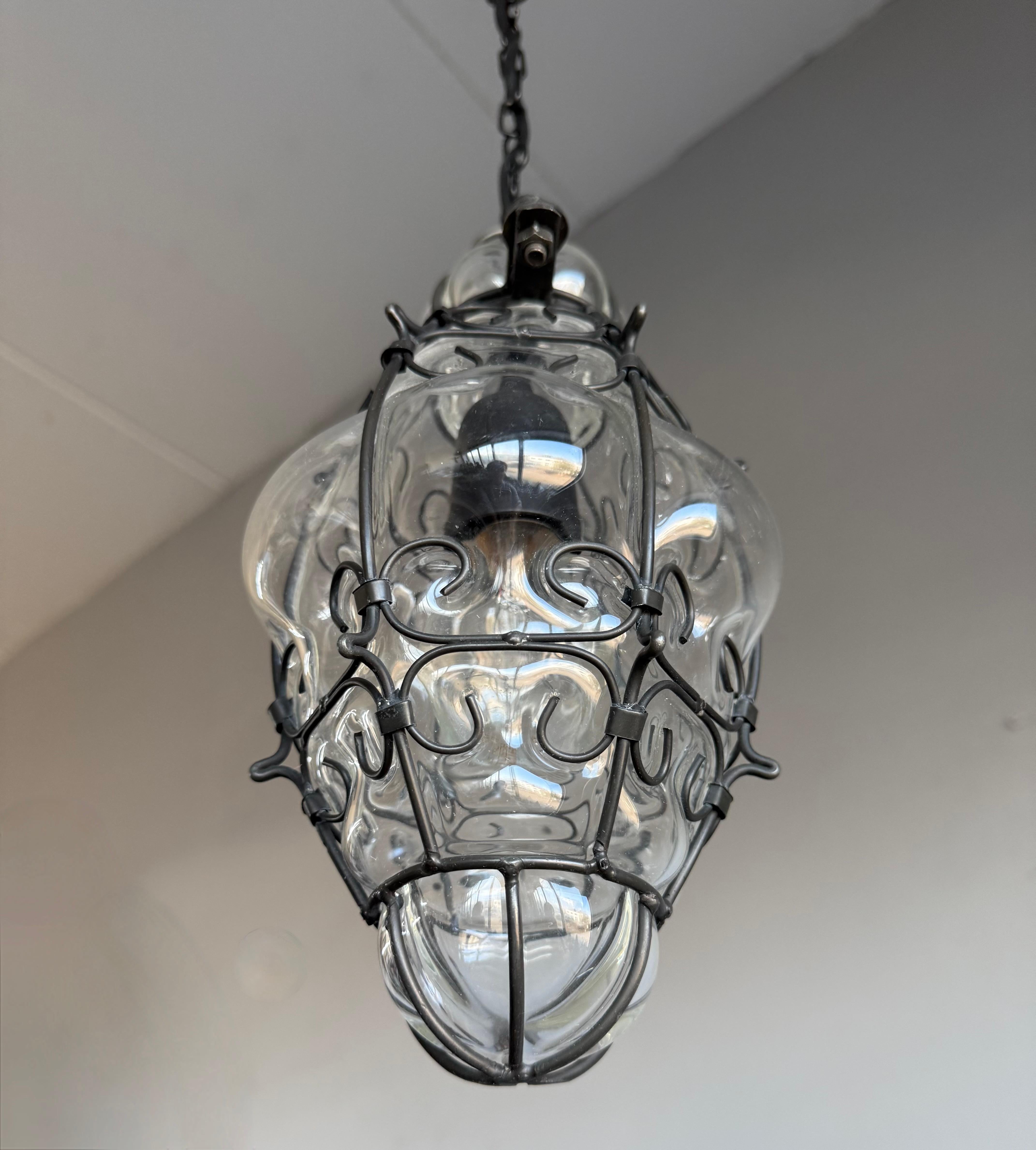 Smallest Venetian Murano Hall Pendant Mouth Blown Glass into Wrought Iron Frame For Sale 9