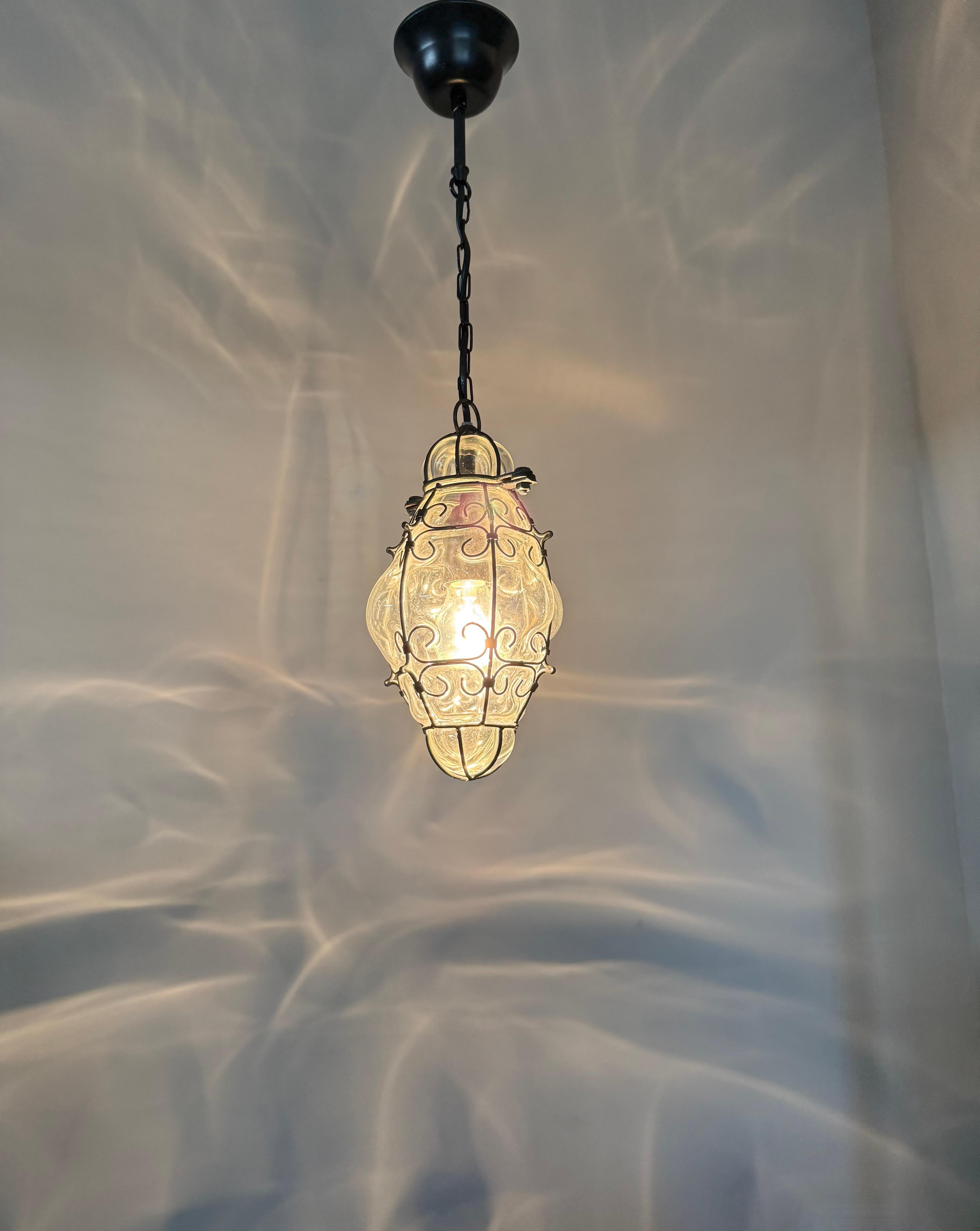 Smallest Venetian Murano Hall Pendant Mouth Blown Glass into Wrought Iron Frame For Sale 10