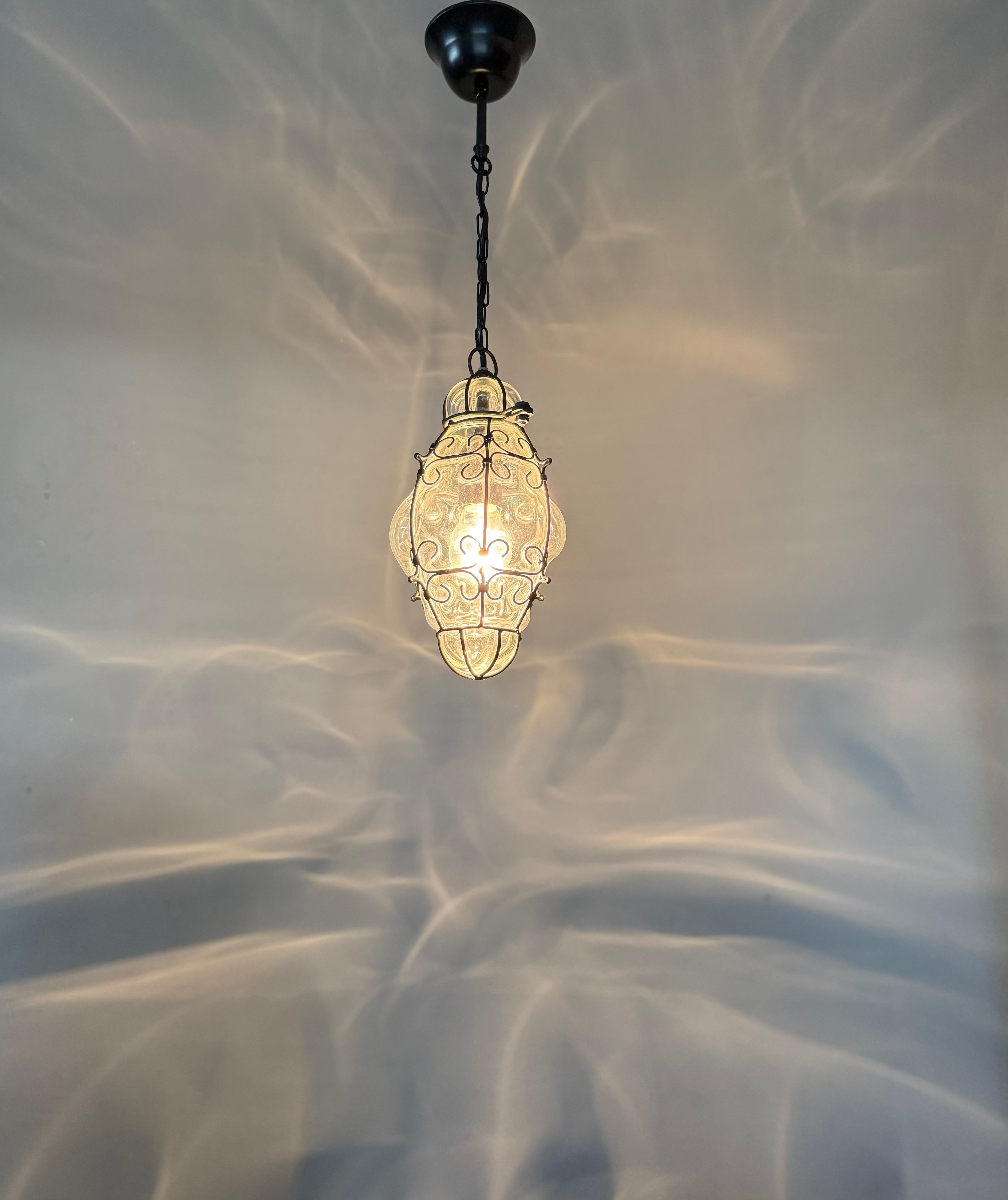 Smallest Venetian Murano Hall Pendant Mouth Blown Glass into Wrought Iron Frame For Sale 11