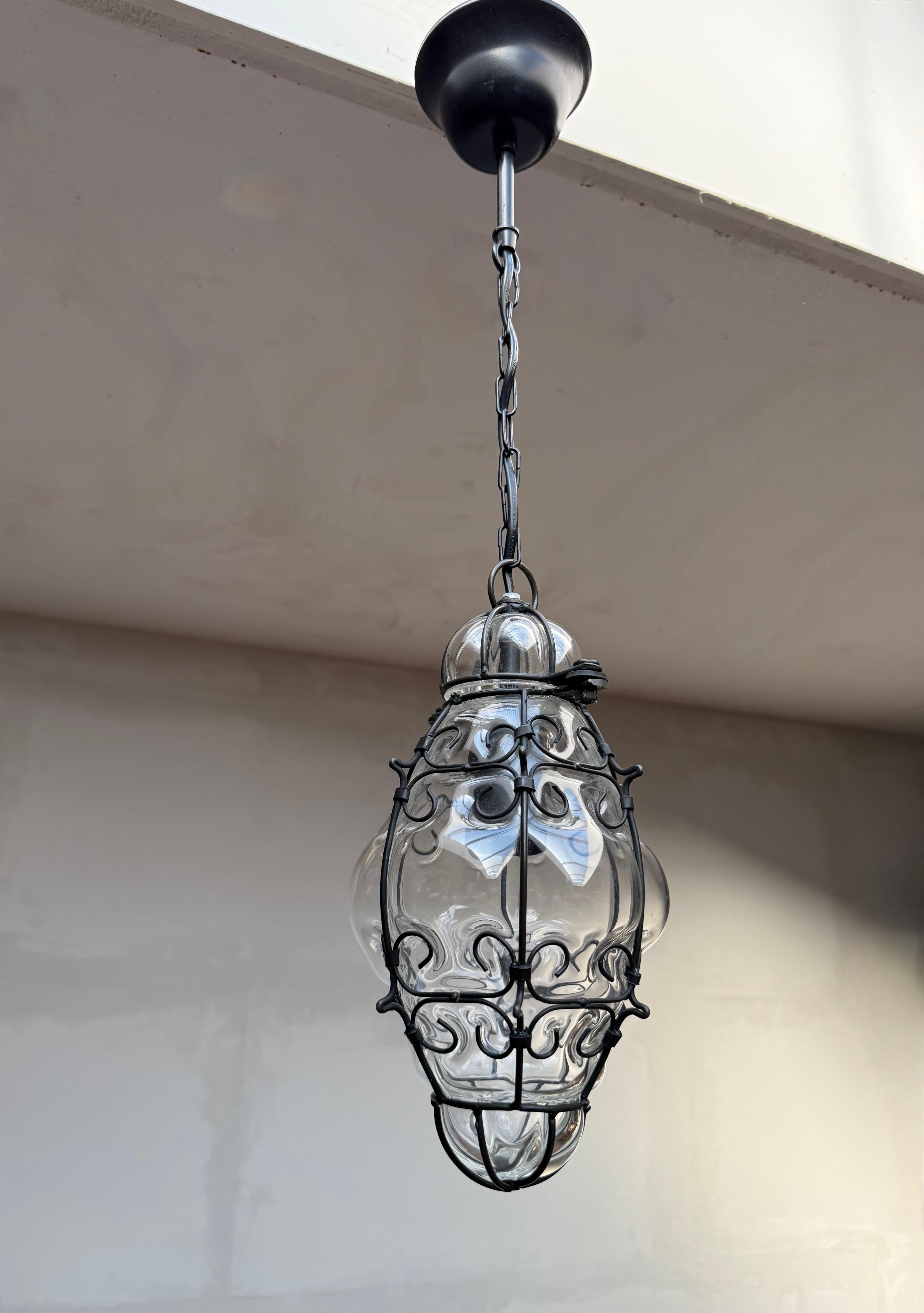 Arts and Crafts Smallest Venetian Murano Hall Pendant Mouth Blown Glass into Wrought Iron Frame For Sale