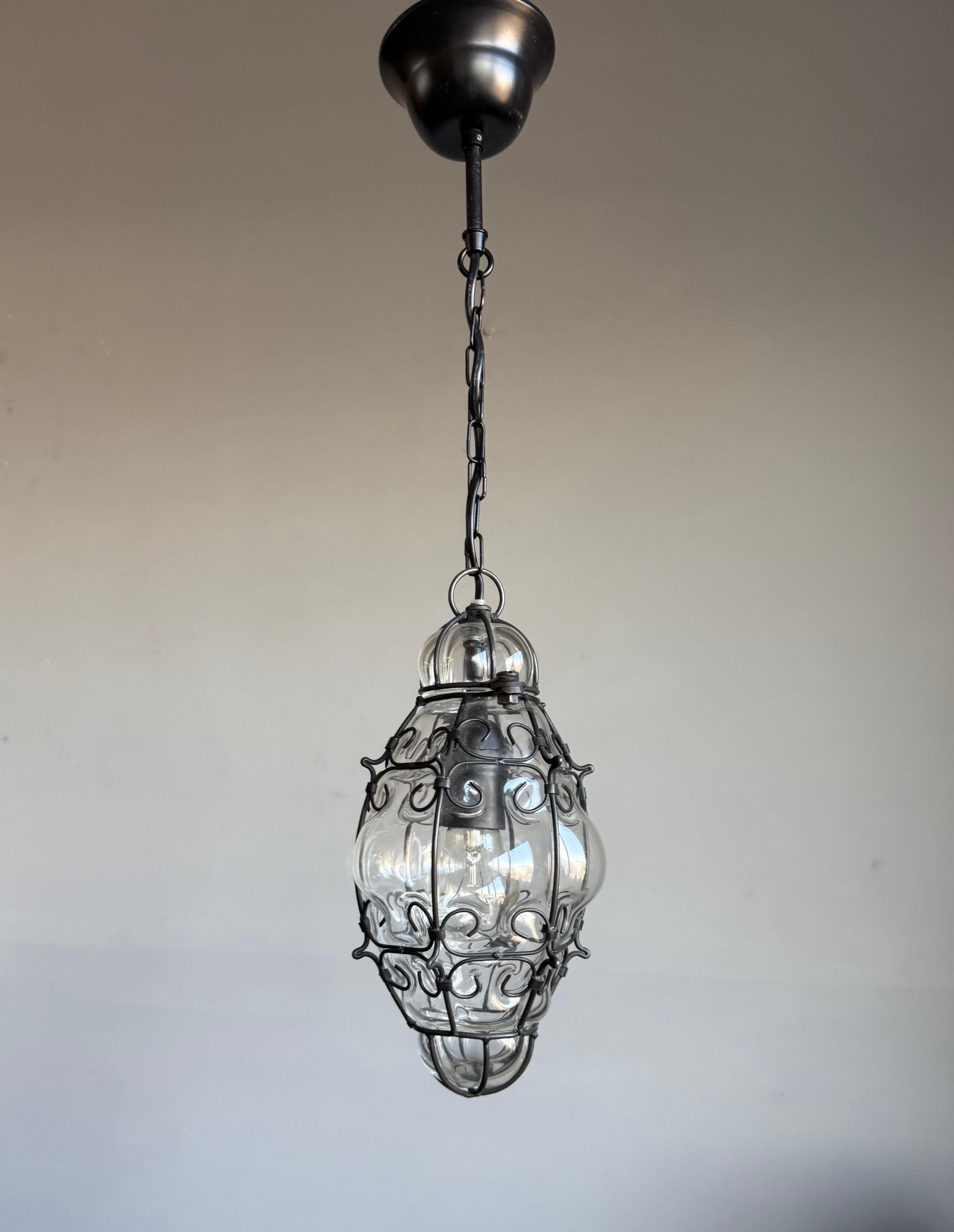 Italian Smallest Venetian Murano Hall Pendant Mouth Blown Glass into Wrought Iron Frame For Sale