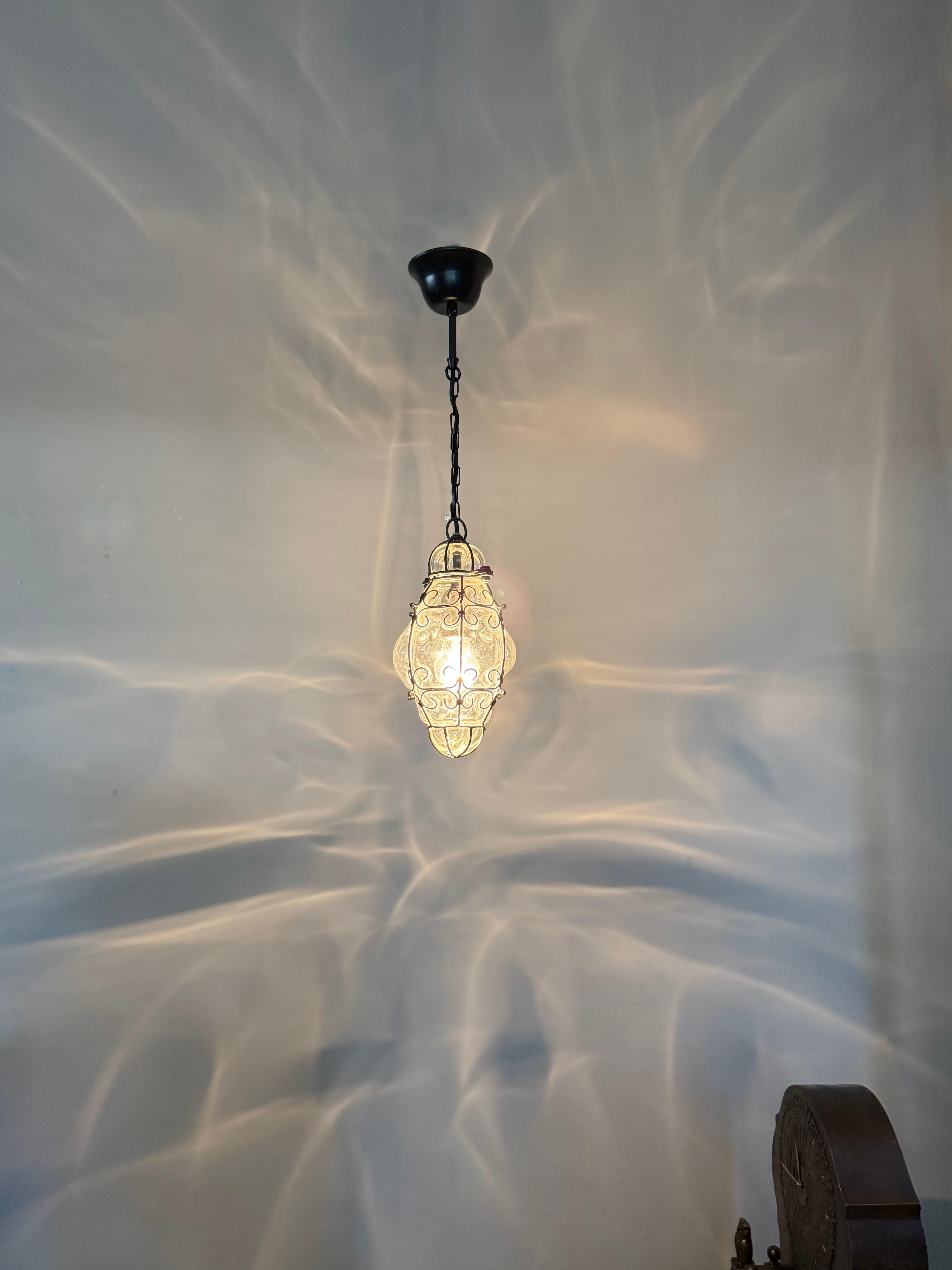 Forged Smallest Venetian Murano Hall Pendant Mouth Blown Glass into Wrought Iron Frame For Sale