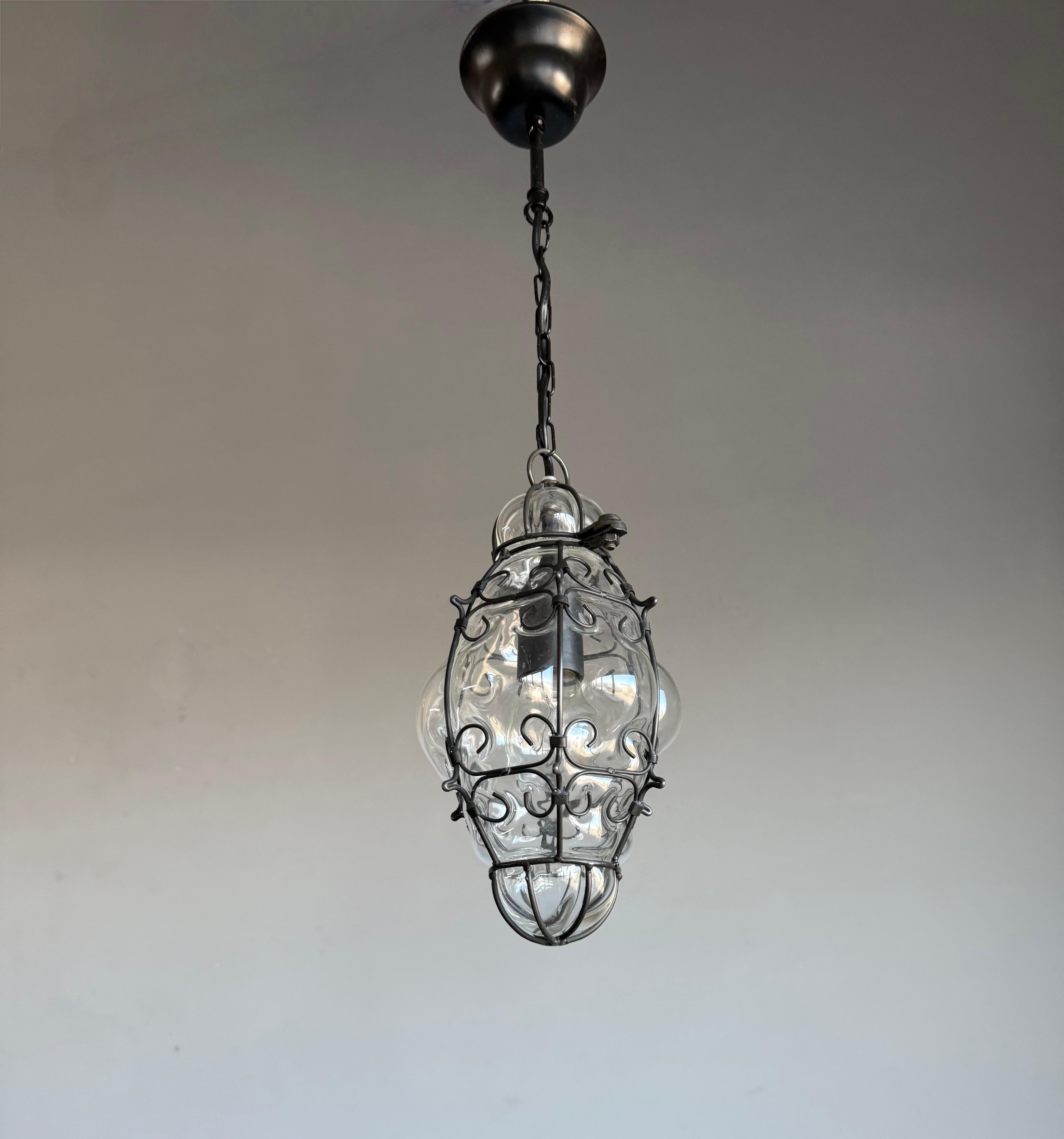 Smallest Venetian Murano Hall Pendant Mouth Blown Glass into Wrought Iron Frame For Sale 2