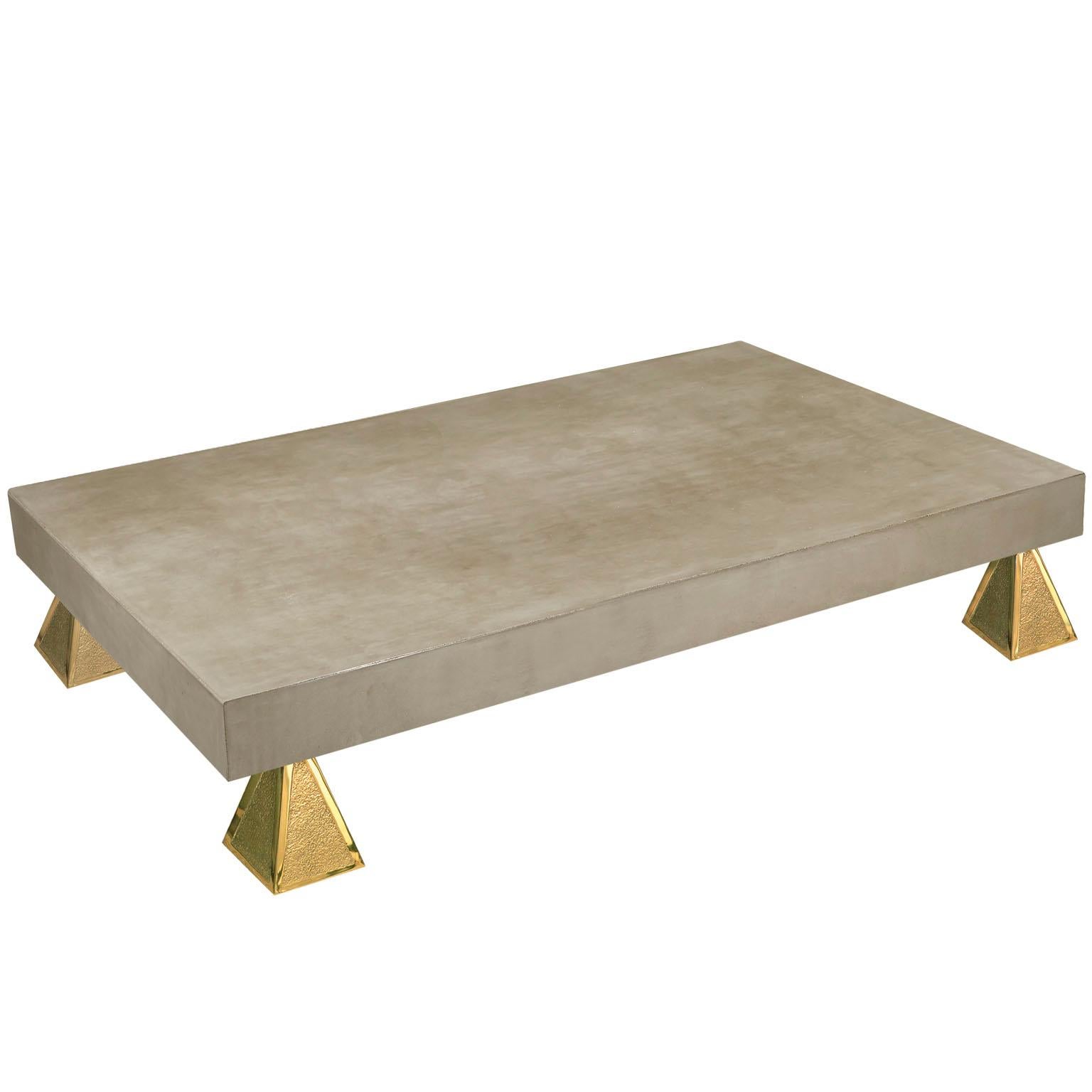 Coffee table grey concrete scagliola top casted  brass feet handmade in Italy