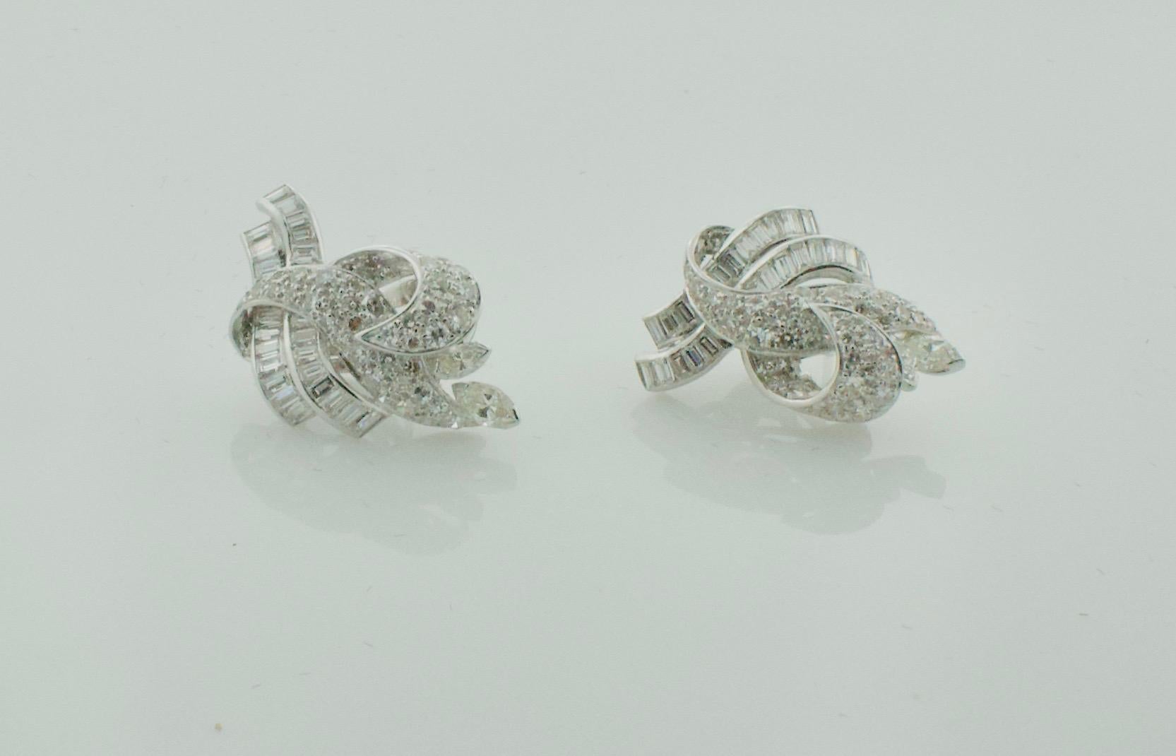 Women's or Men's Smart and Sexy Platinum Diamond Earrings Circa 1940's 4.00 Carats Total Weight For Sale
