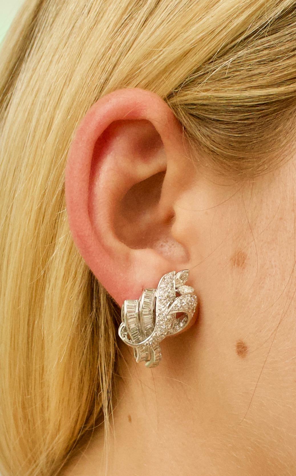 Smart and Sexy Platinum Diamond Earrings Circa 1940's 4.00 Carats Total Weight For Sale 2