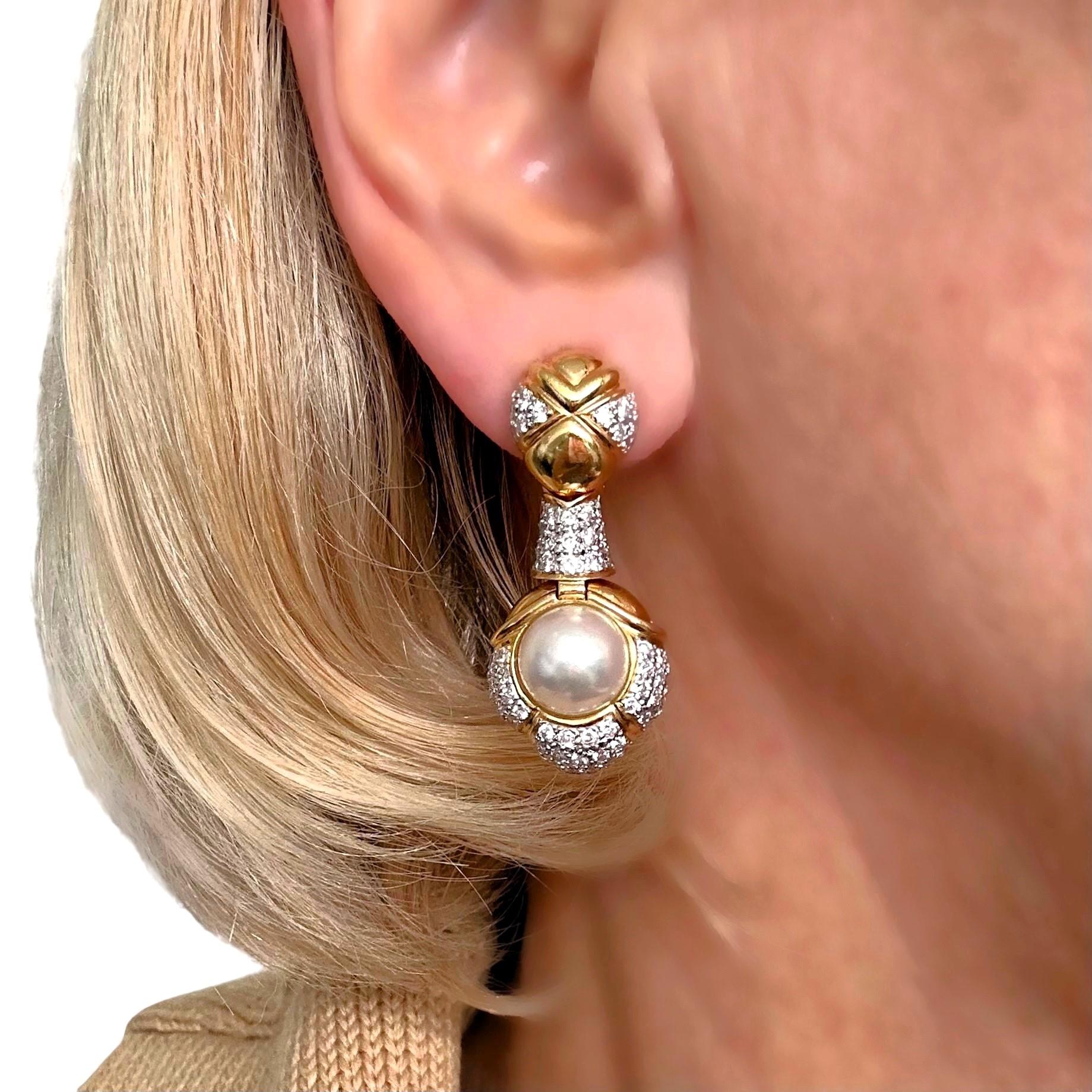 Smart and Tailored 18K Yellow Gold Pearl and Diamond Duster Earrings For Sale 1