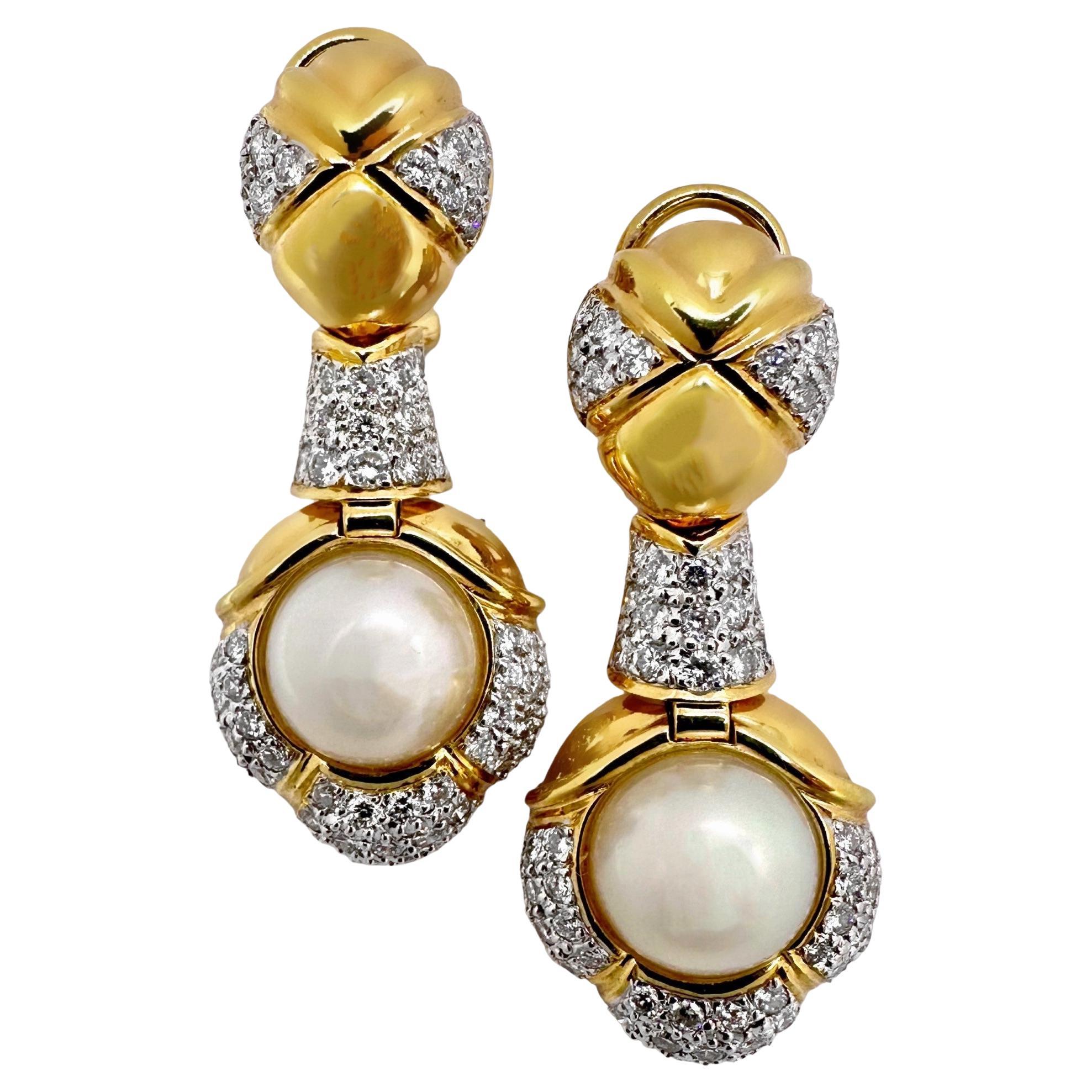 Smart and Tailored 18K Yellow Gold Pearl and Diamond Duster Earrings For Sale