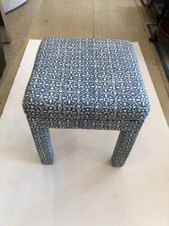 Smart Blue and White Linen Upholstered Parsons Style Ottoman