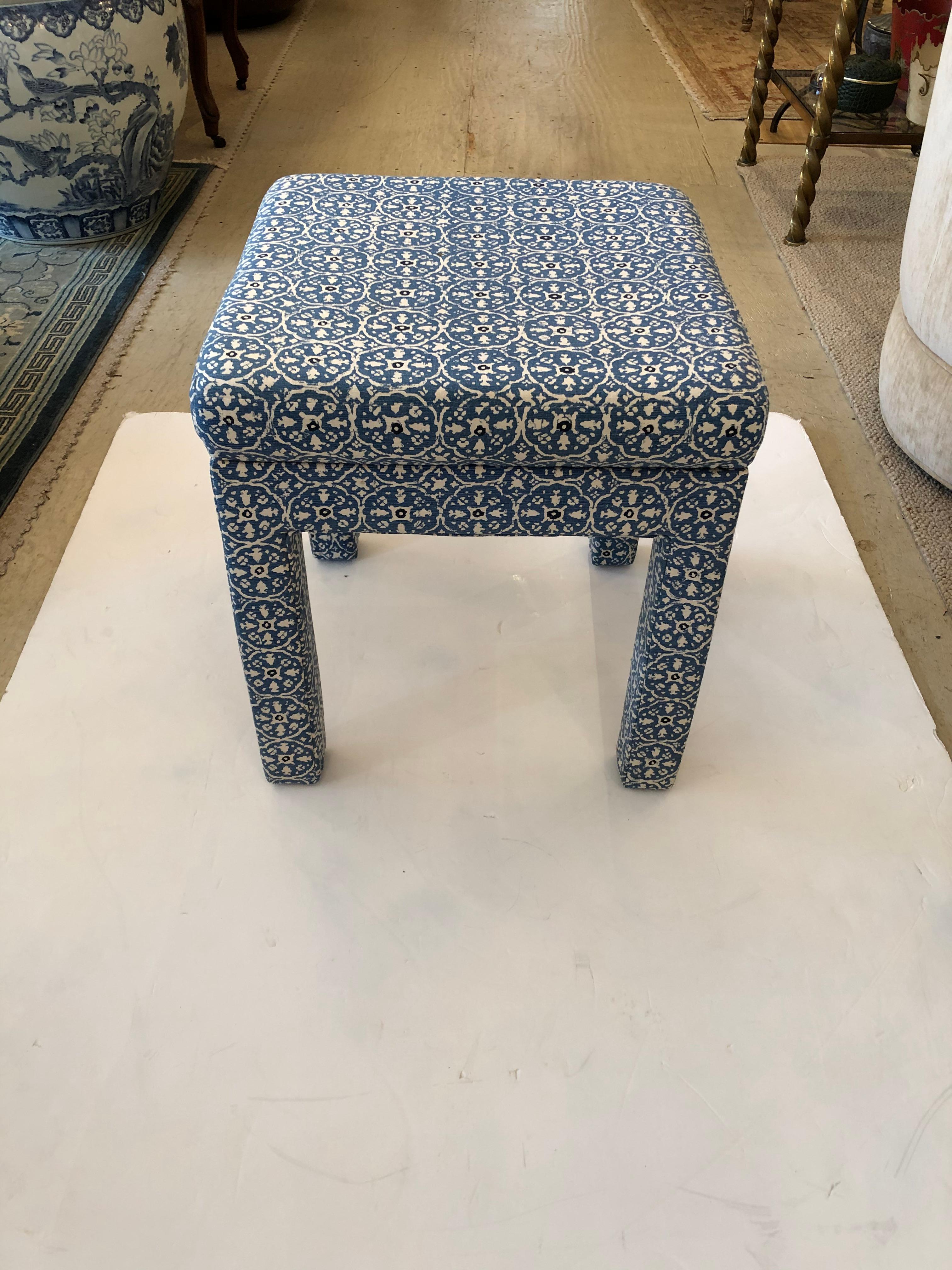 Modern Smart Blue and White Linen Upholstered Parsons Style Ottoman