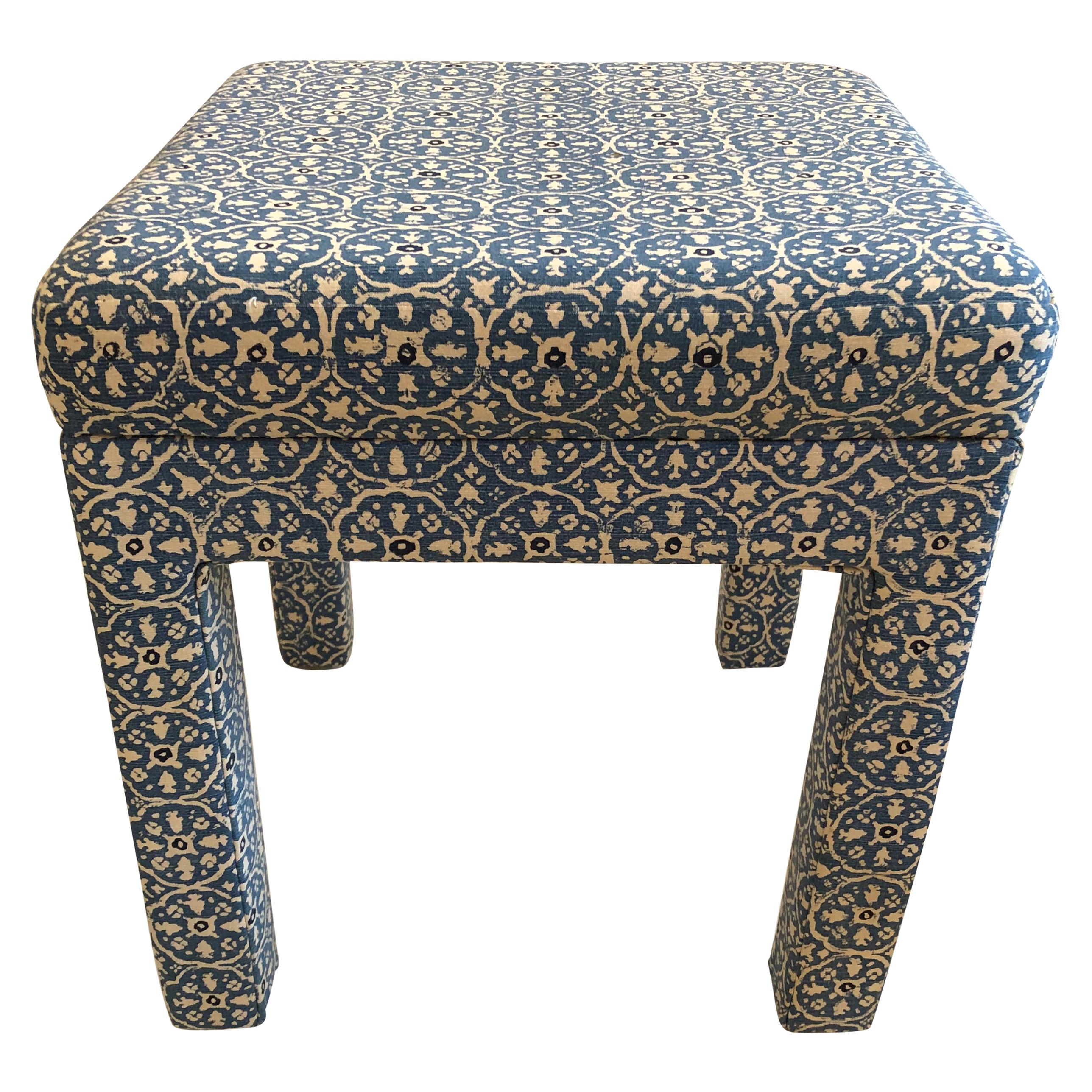 Smart Blue and White Linen Upholstered Parsons Style Ottoman