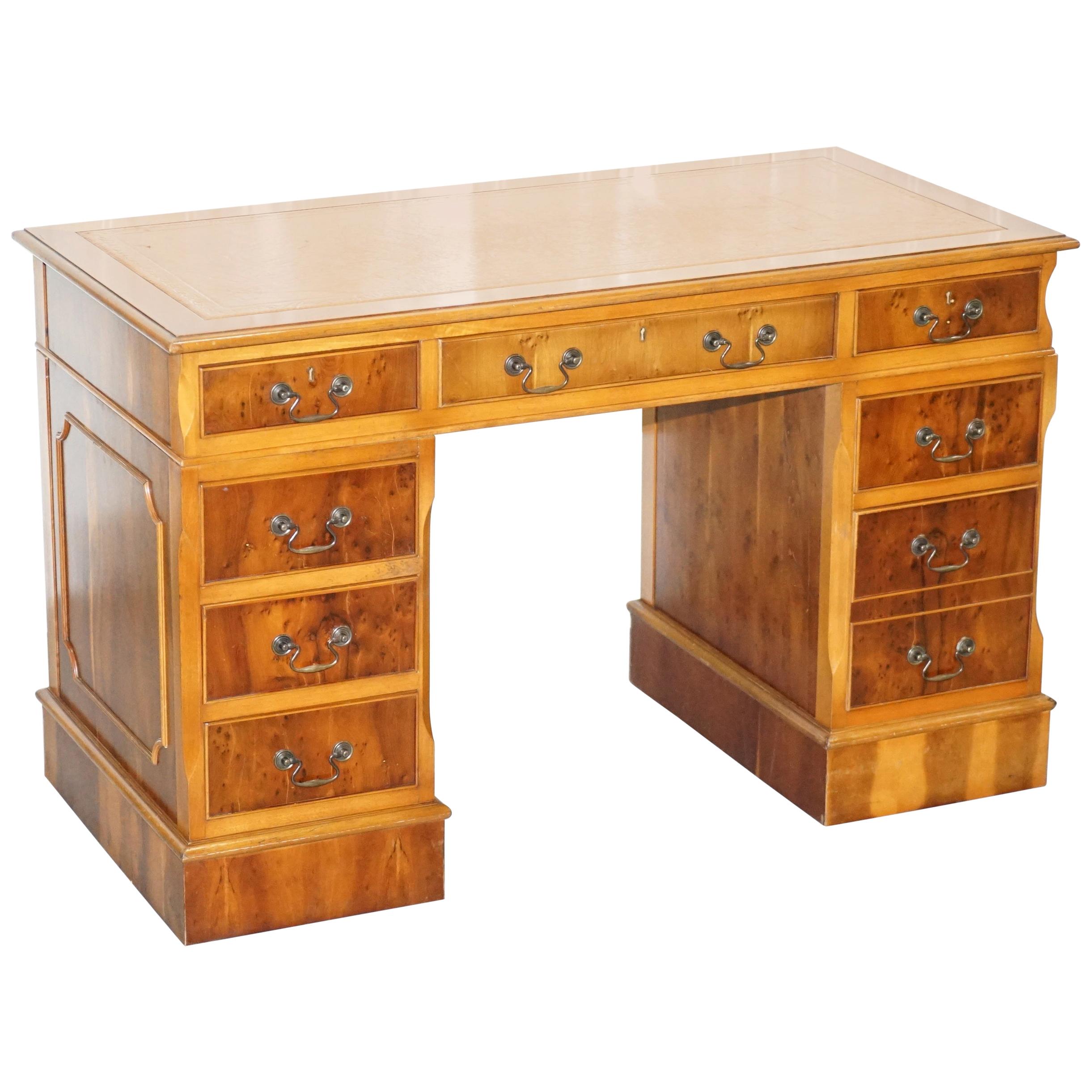 Smart Burr Yew Wood Twin Pedestal Partner Desk Brown Leather Gold Leaf Embossed
