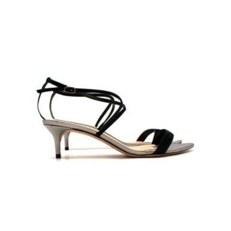 Alexandre Birman Smart Cocktail Metallic Sandals
 
 - Metallic leather sandals with twisted strappy black suede uppers
 - Pointed open toe front
 - Adjustable buckle closure at the ankle 
 - Nude leather interior and sole
 
 Materials
 Suede 

