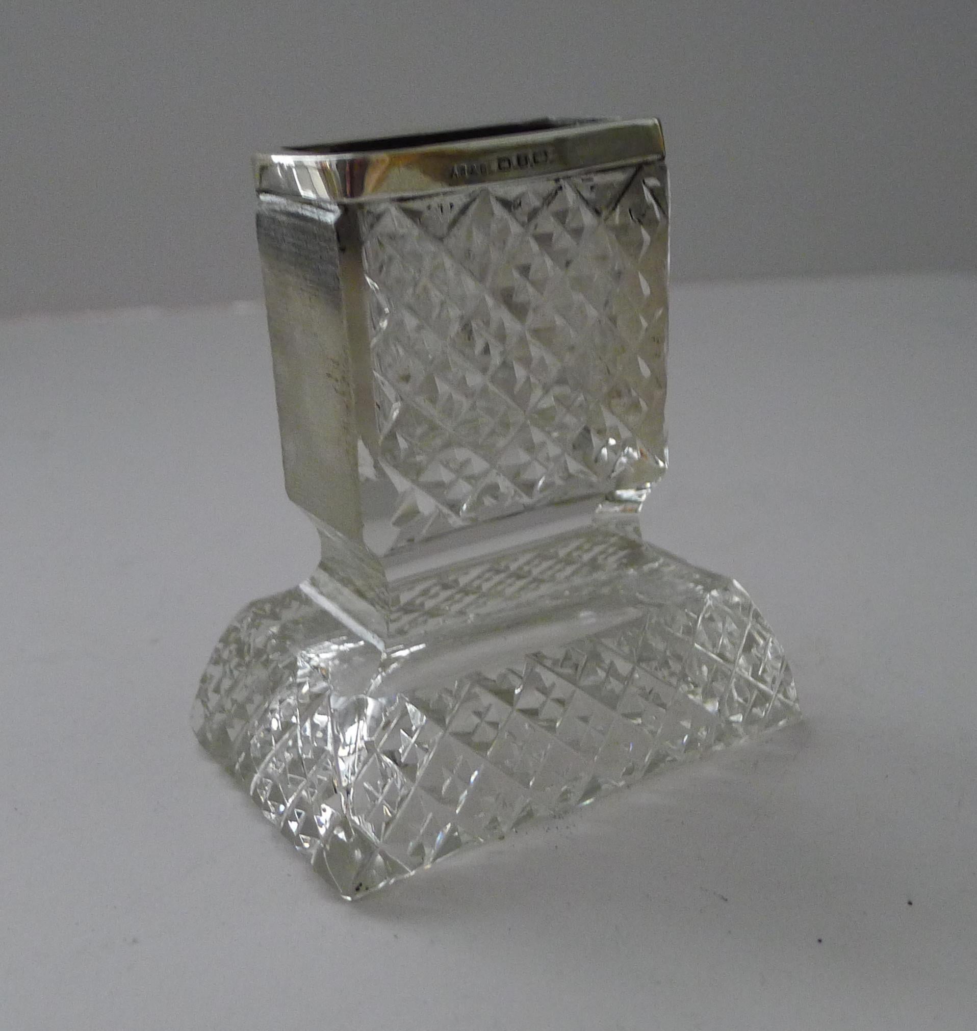 An unusual antique English match strike, beautifully cut with two textured strips to either side where a non-safety match would have been struck.  

The top is mounted with an English silver mount fully hallmarked for Birmingham 1924, 100 years old.