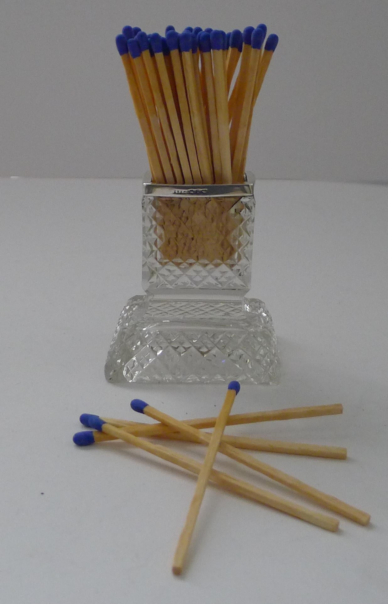 British Smart cut glass and English sterling silver match striker - 1924