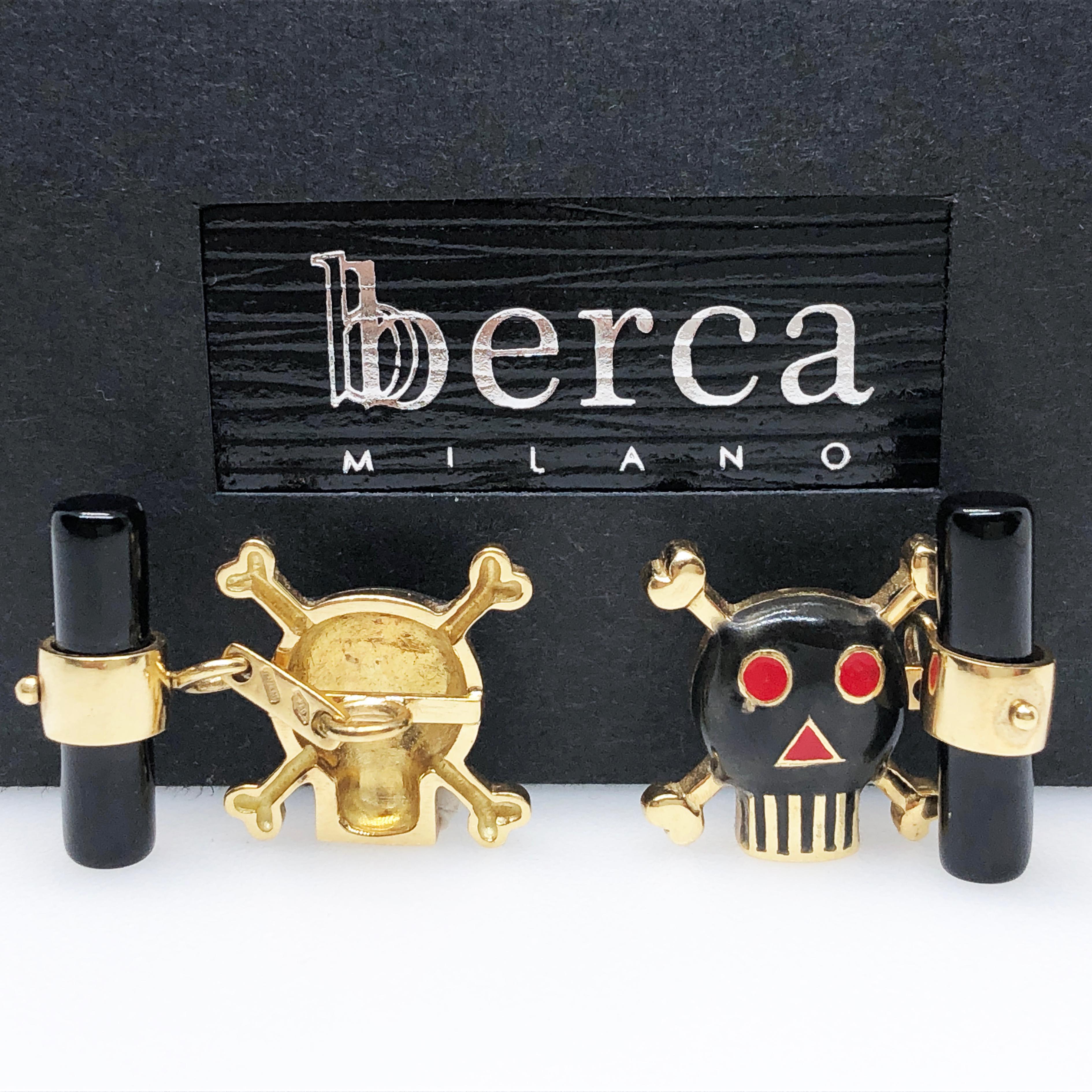 Contemporary Berca Black Red Enameled Skull Shaped Onyx Back 18 Carat Yellow Gold Cufflinks For Sale