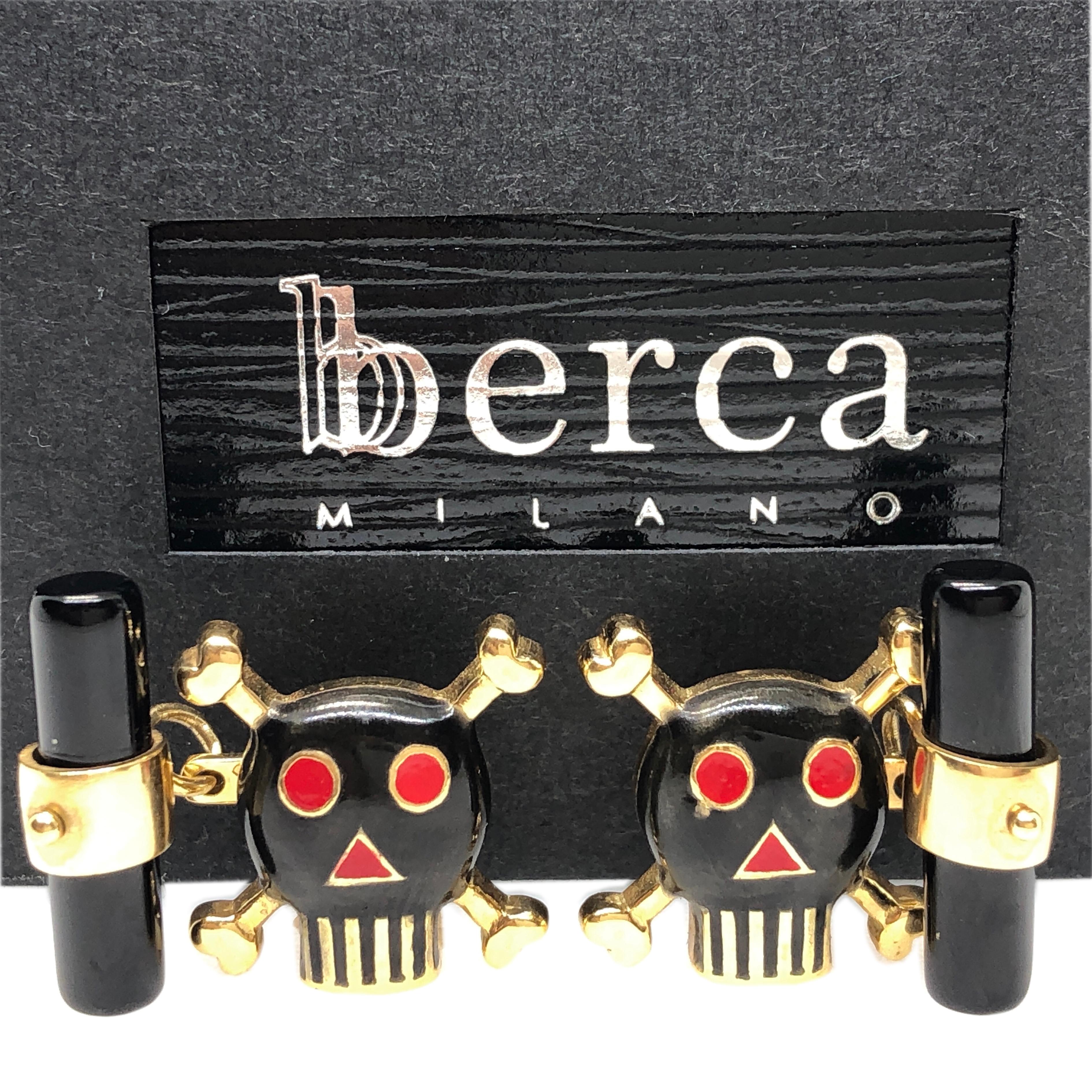 Unique yet Chic, Red and Black Hand Enamelled Little Skull Shaped Cufflinks, Hand Inlaid Onyx Baton Back, 18Carat yellow gold setting.
In our smart Black Box and Pouch. 