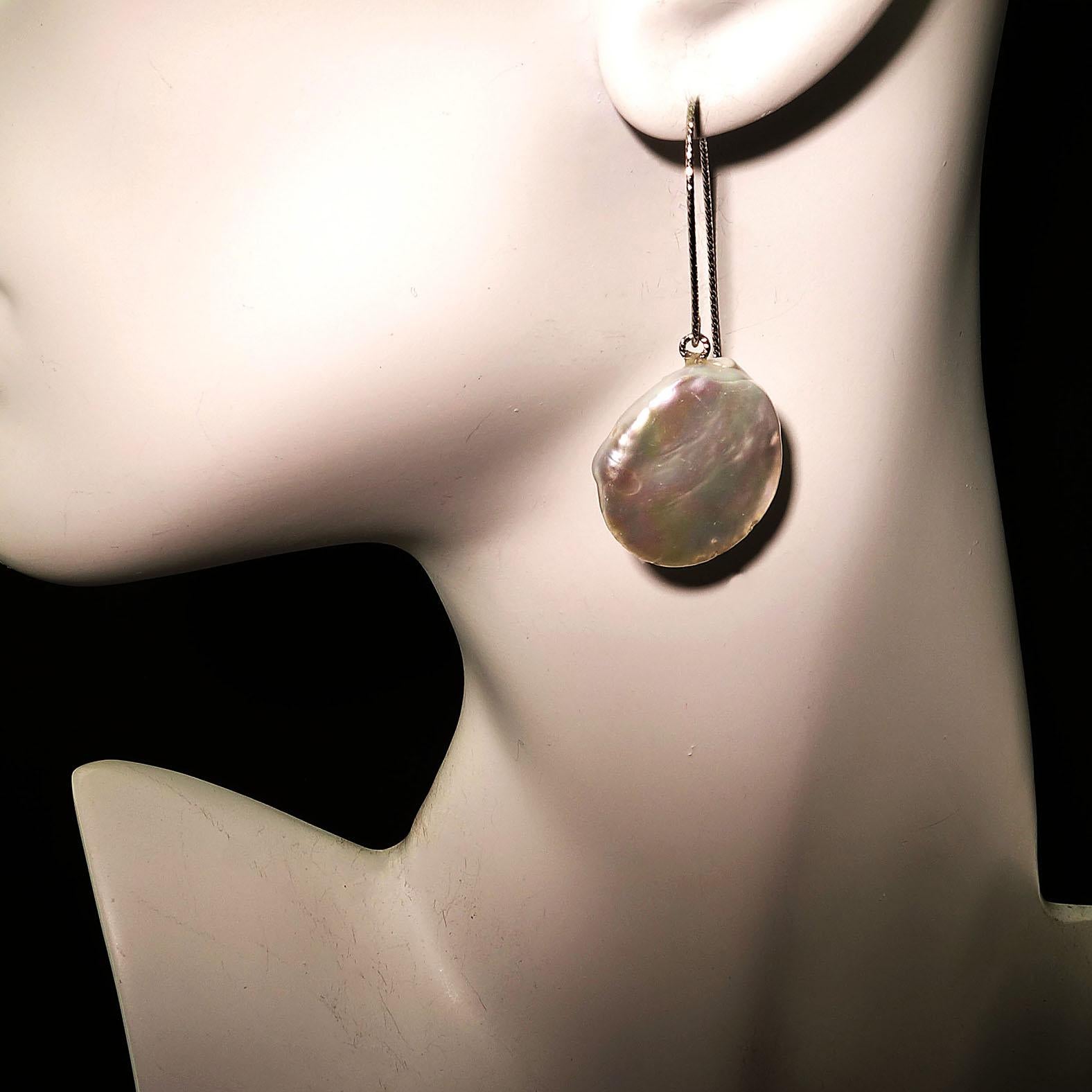 Gemjunky  Iridescent White Coin Pearl Dangle Earrings on Sterling Silver wires 3