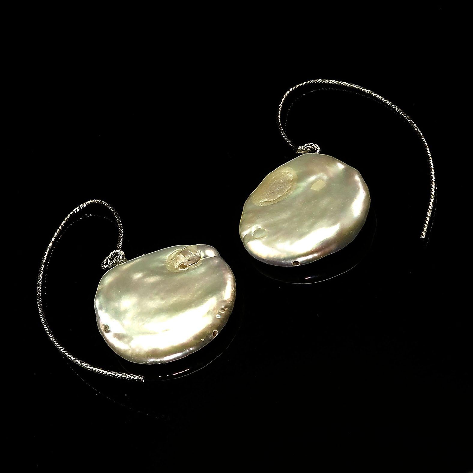 Gemjunky  Iridescent White Coin Pearl Dangle Earrings on Sterling Silver wires 4