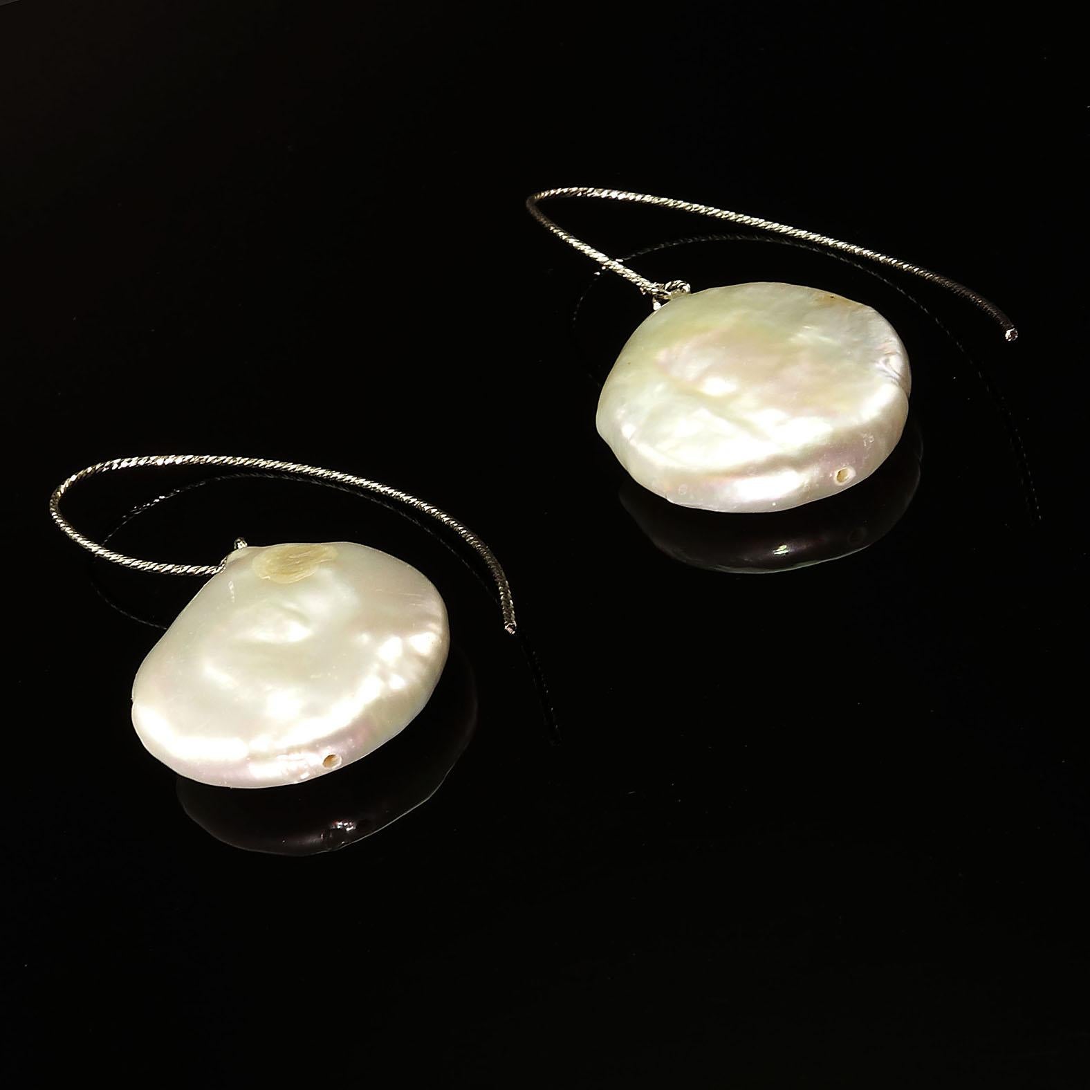 Bead Gemjunky  Iridescent White Coin Pearl Dangle Earrings on Sterling Silver wires