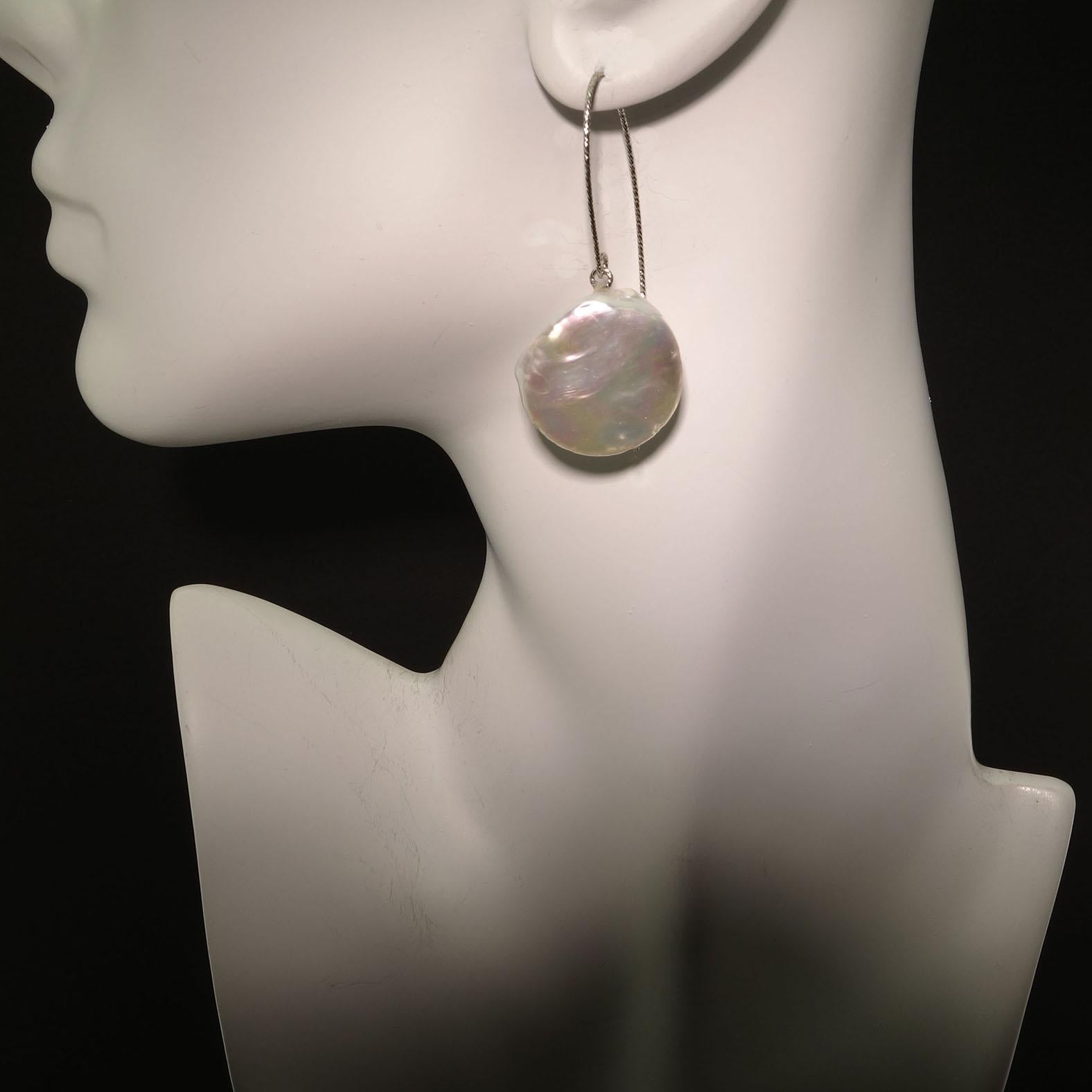 Gemjunky  Iridescent White Coin Pearl Dangle Earrings on Sterling Silver wires In New Condition In Raleigh, NC