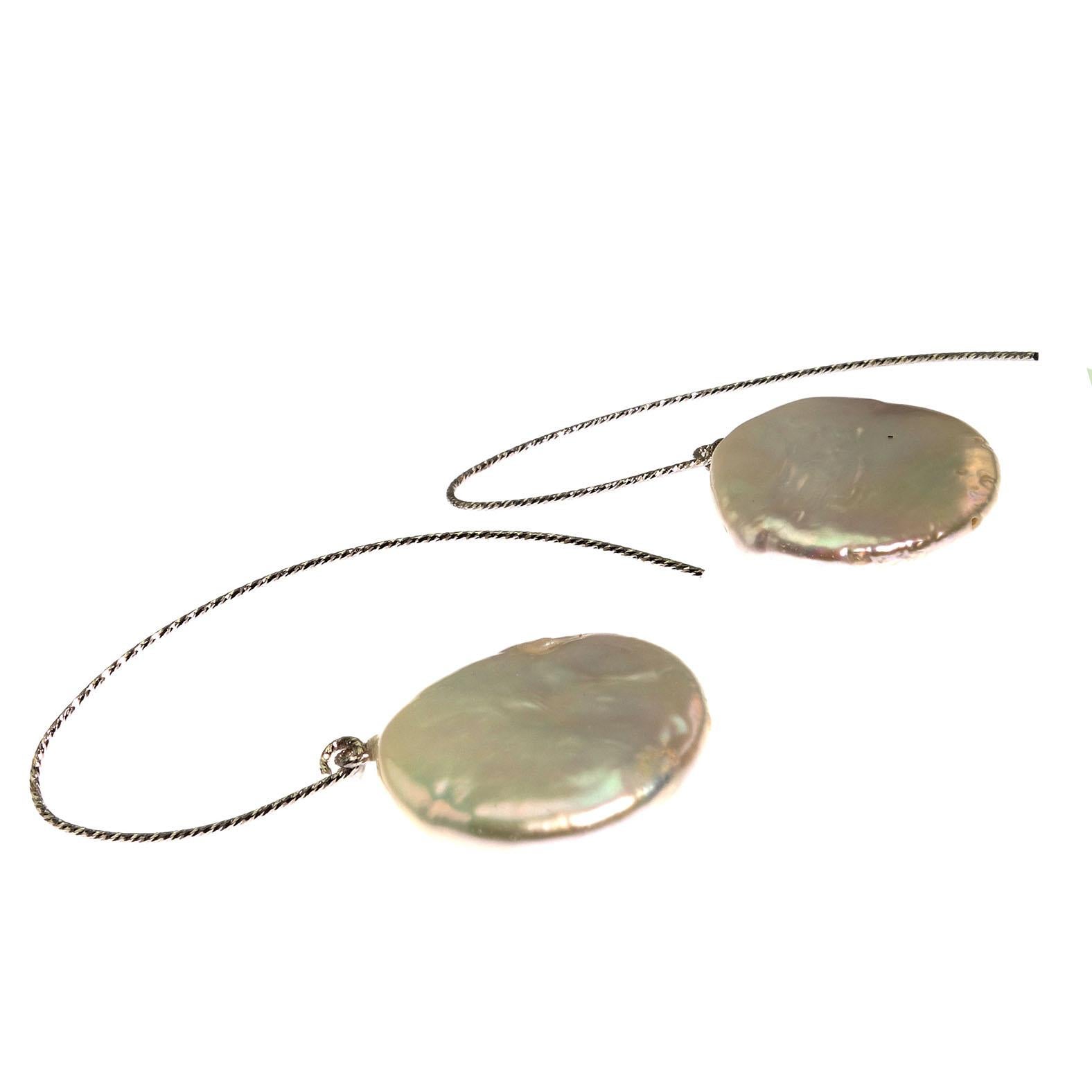 Women's or Men's Gemjunky  Iridescent White Coin Pearl Dangle Earrings on Sterling Silver wires