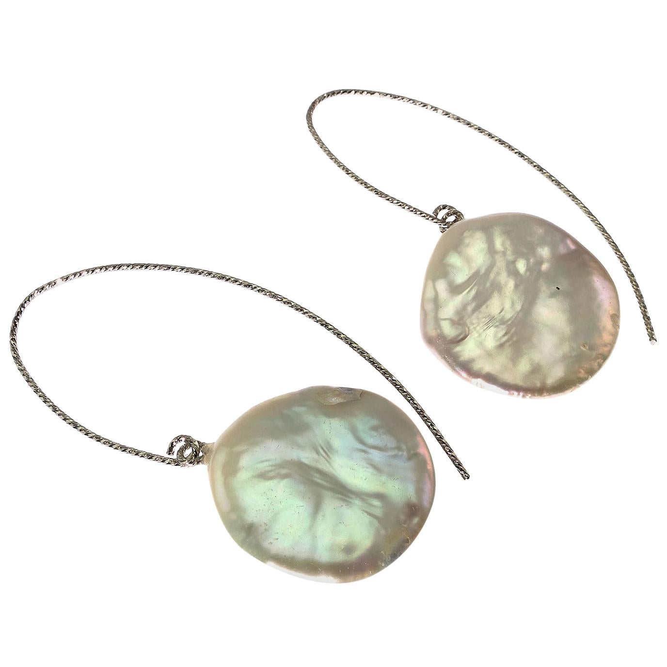 Gemjunky  Iridescent White Coin Pearl Dangle Earrings on Sterling Silver wires