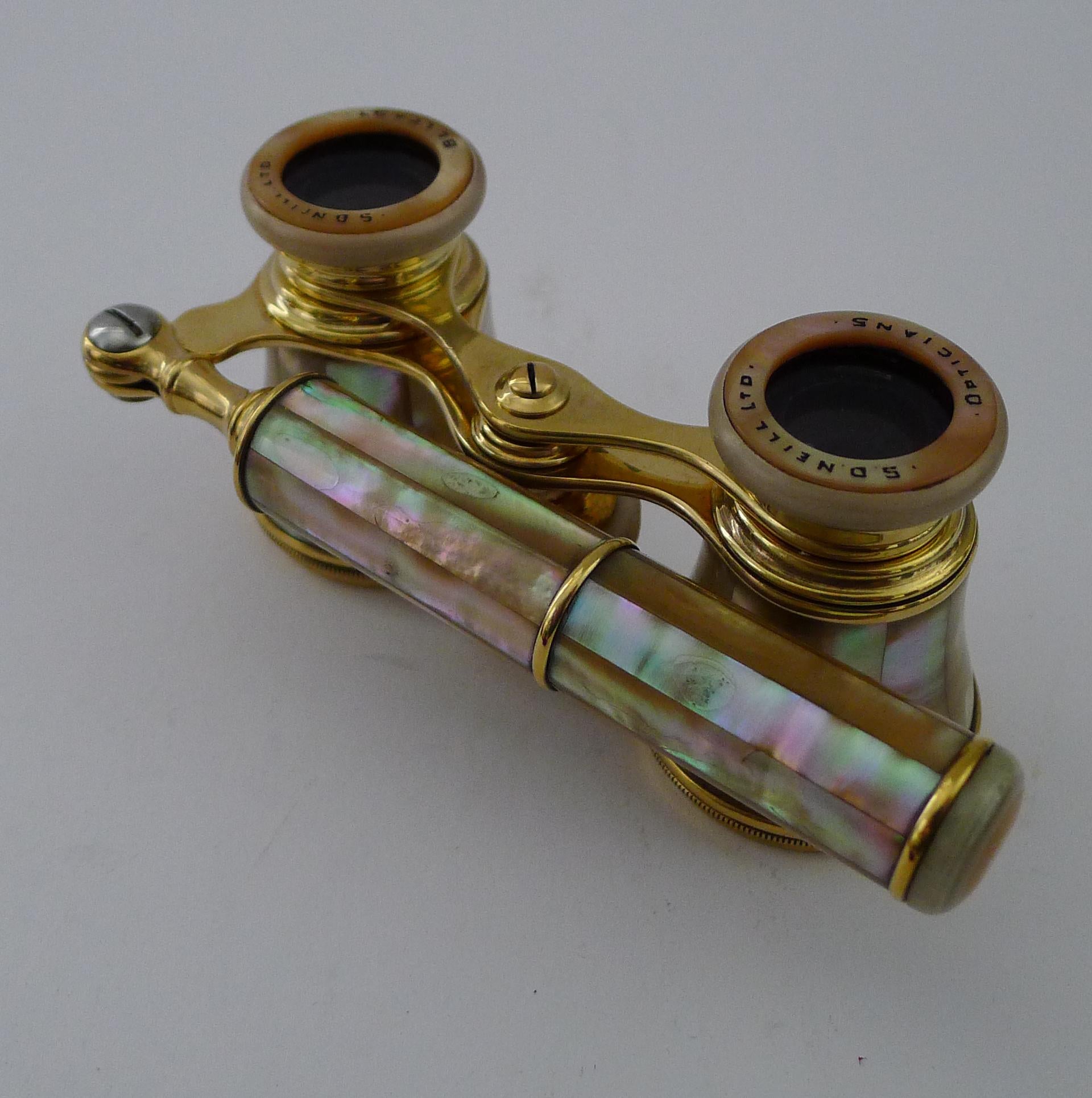 Brass Smart Pair French Mother of Pearl Opera Glasses c.1910