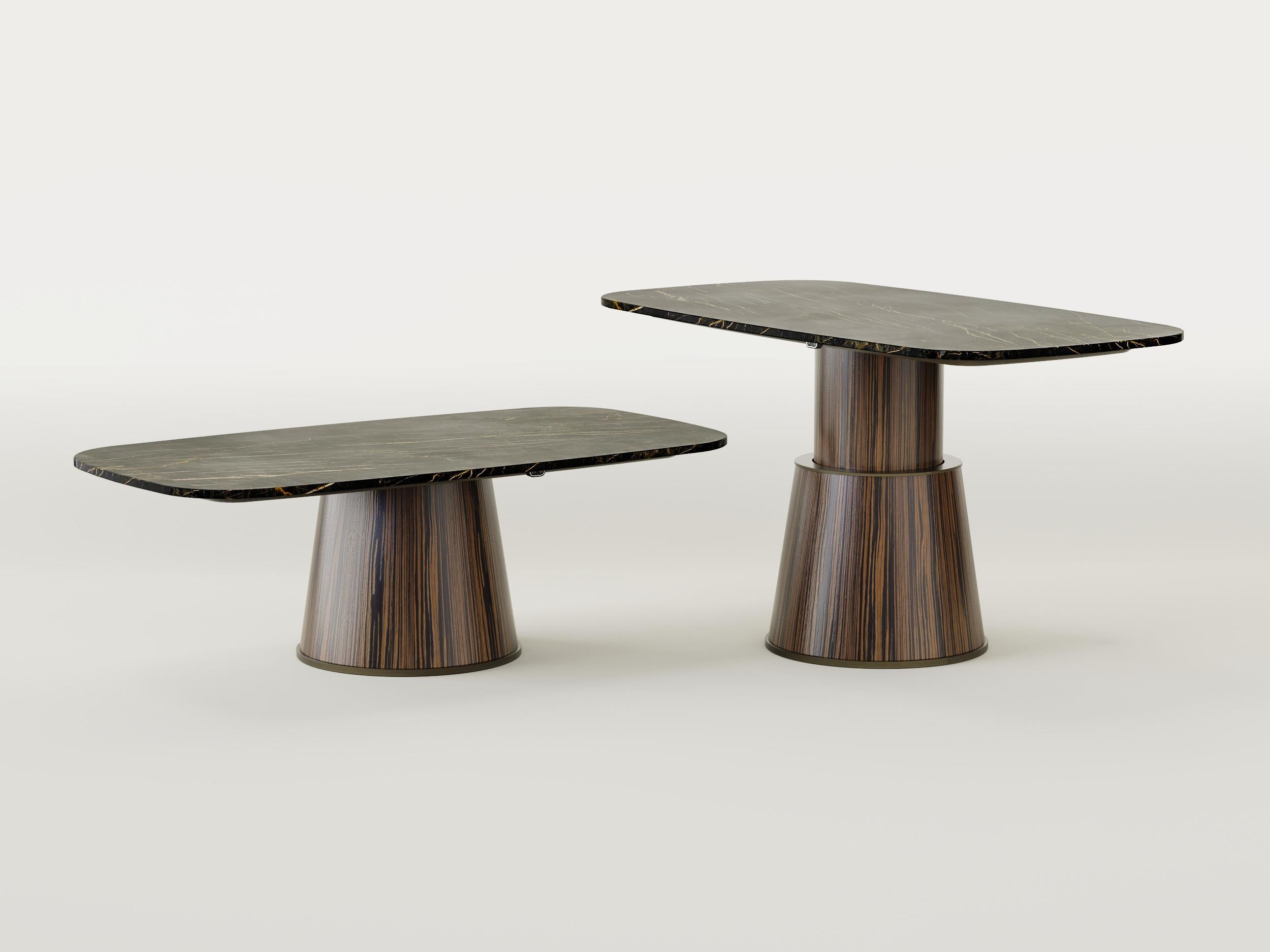 La Smart Table es una mesa regulable arriba y abajo con tablero de mármol negro Port Laurent y base de madera de ébano de Macassar que combina dos características clave: doble uso y tecnología.

De hecho, es una mesa única regulable en altura que,