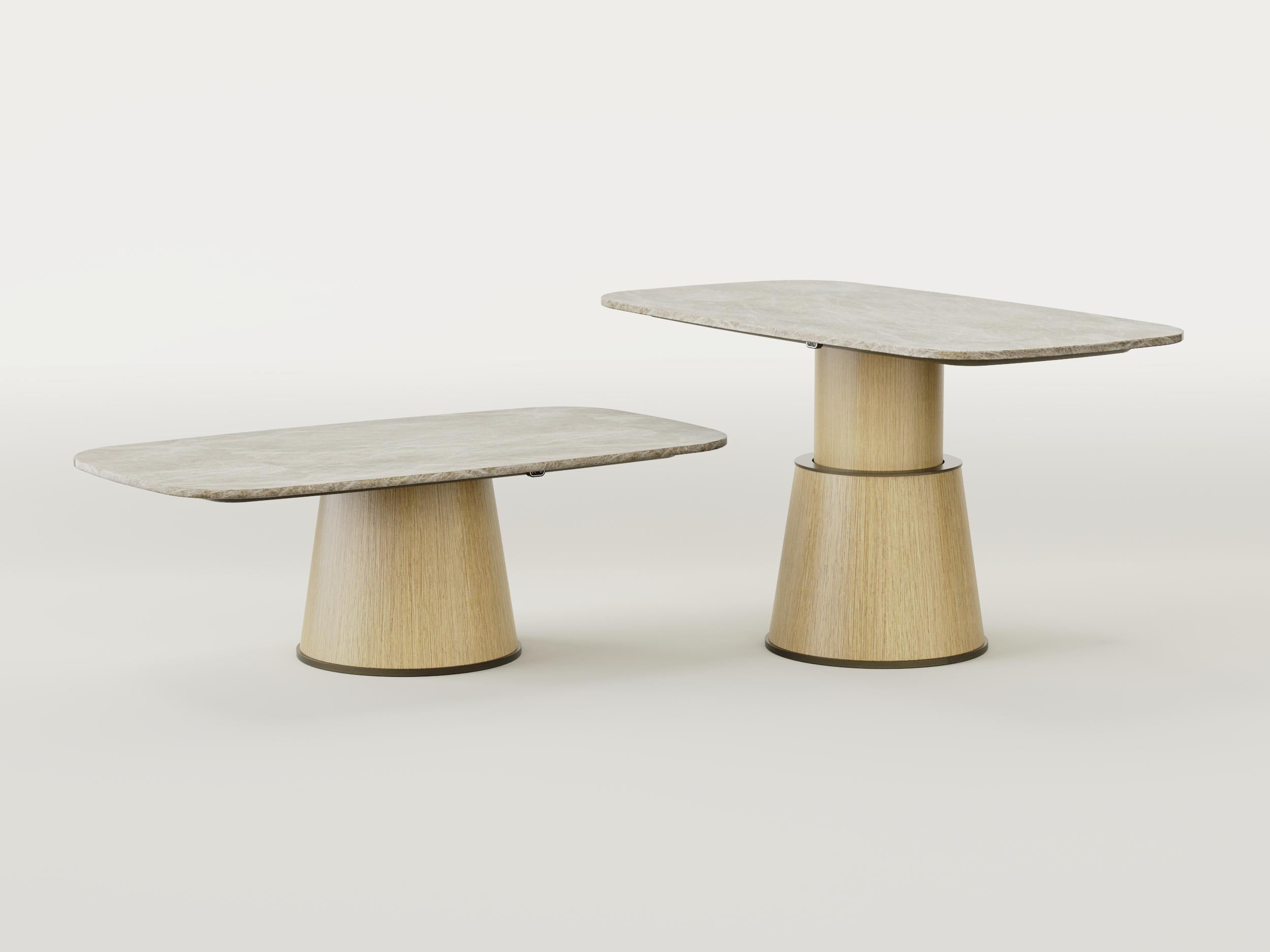 La Smart Table es una mesa ajustable arriba y abajo con tablero de cuarcita Taj Mahal y base de madera de roble blanco que combina dos características clave: doble uso y tecnología.

De hecho, es una mesa única regulable en altura que, gracias a la