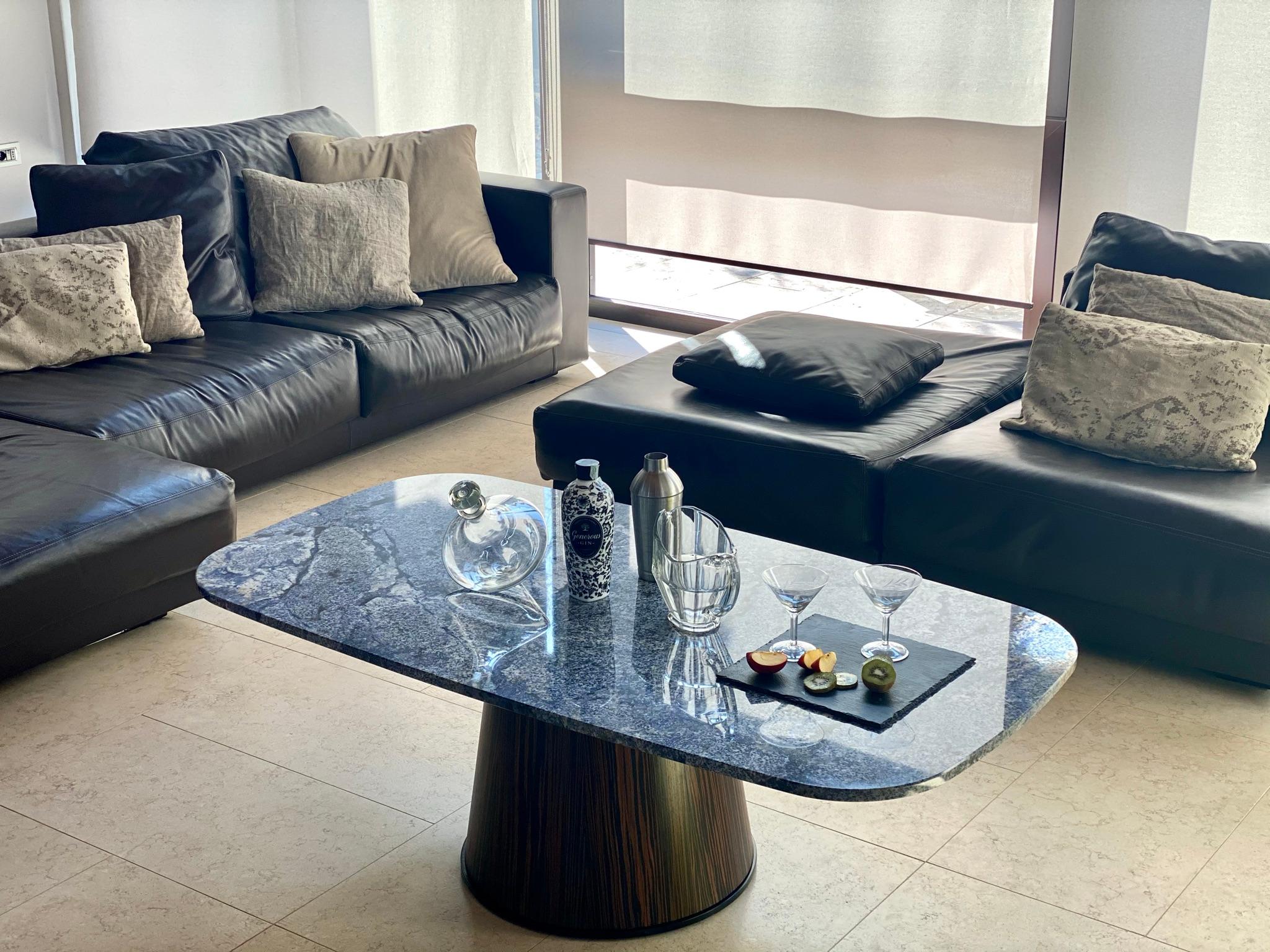 Hand-Carved Smart Table - Modern Living Room Electronic Height-Adjustable Granite Table For Sale
