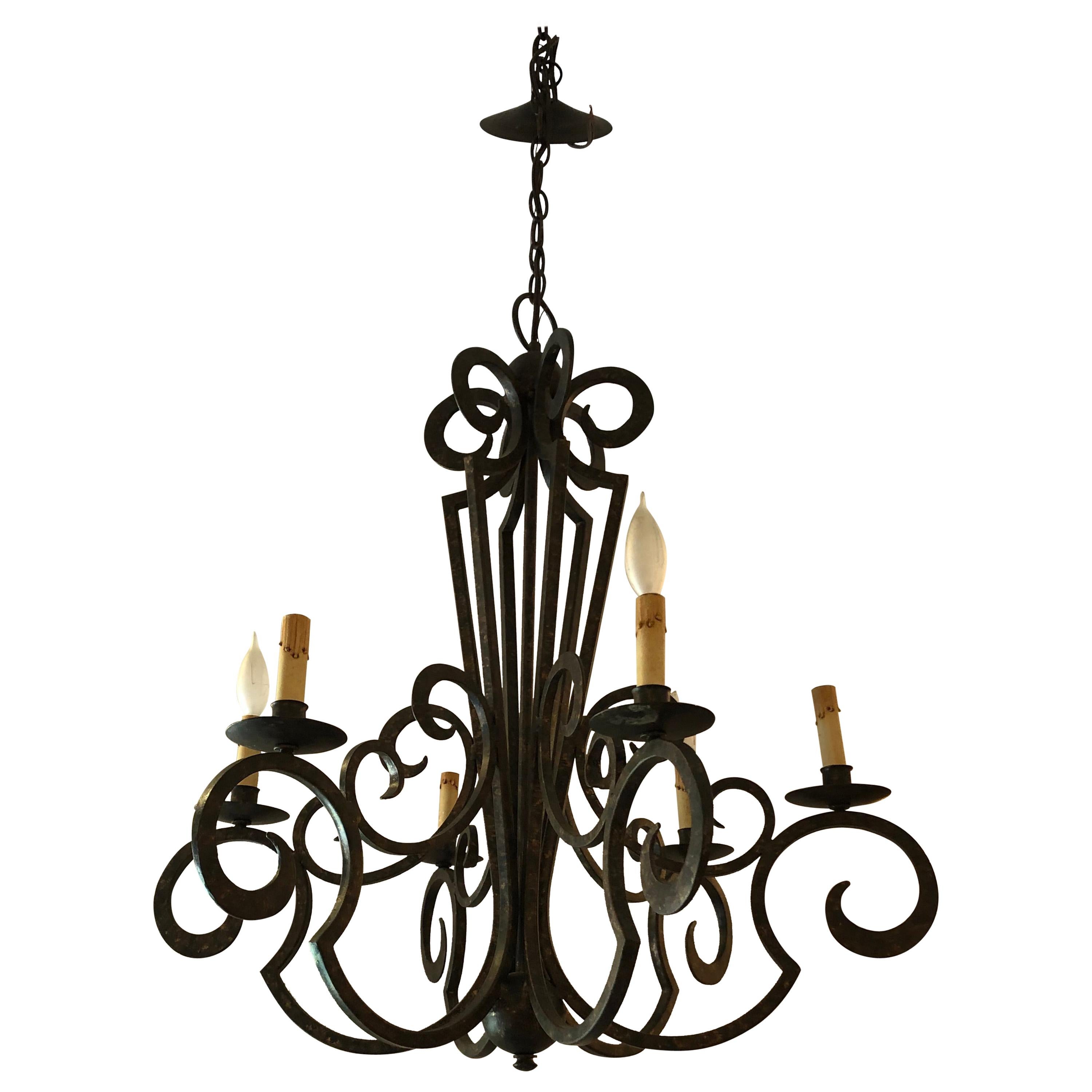 Smashing Dark Brown and Gilded Wrought Iron Chandelier
