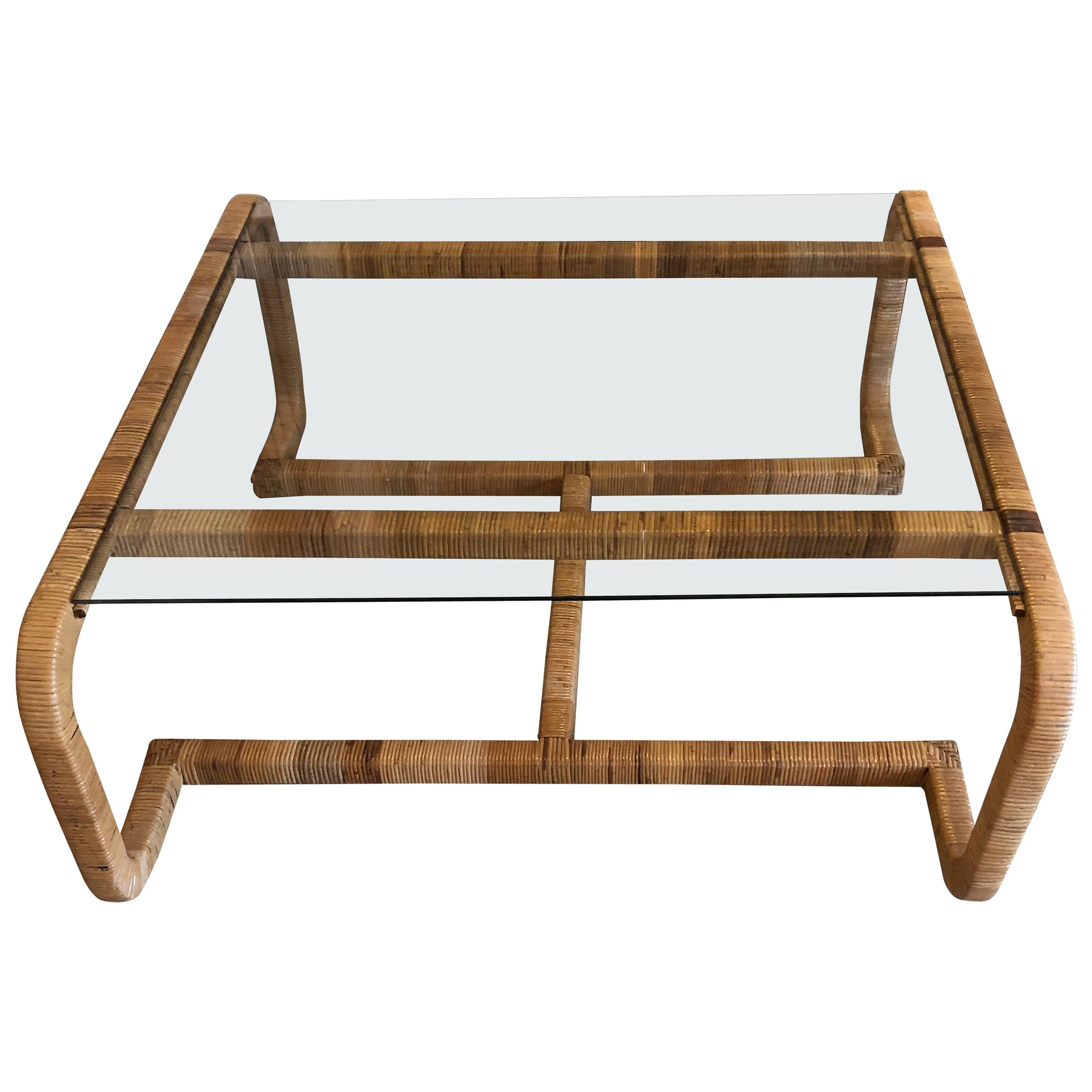 Smashing MidCentury Modern Rattan and Glass Coffee Cocktail Table at
