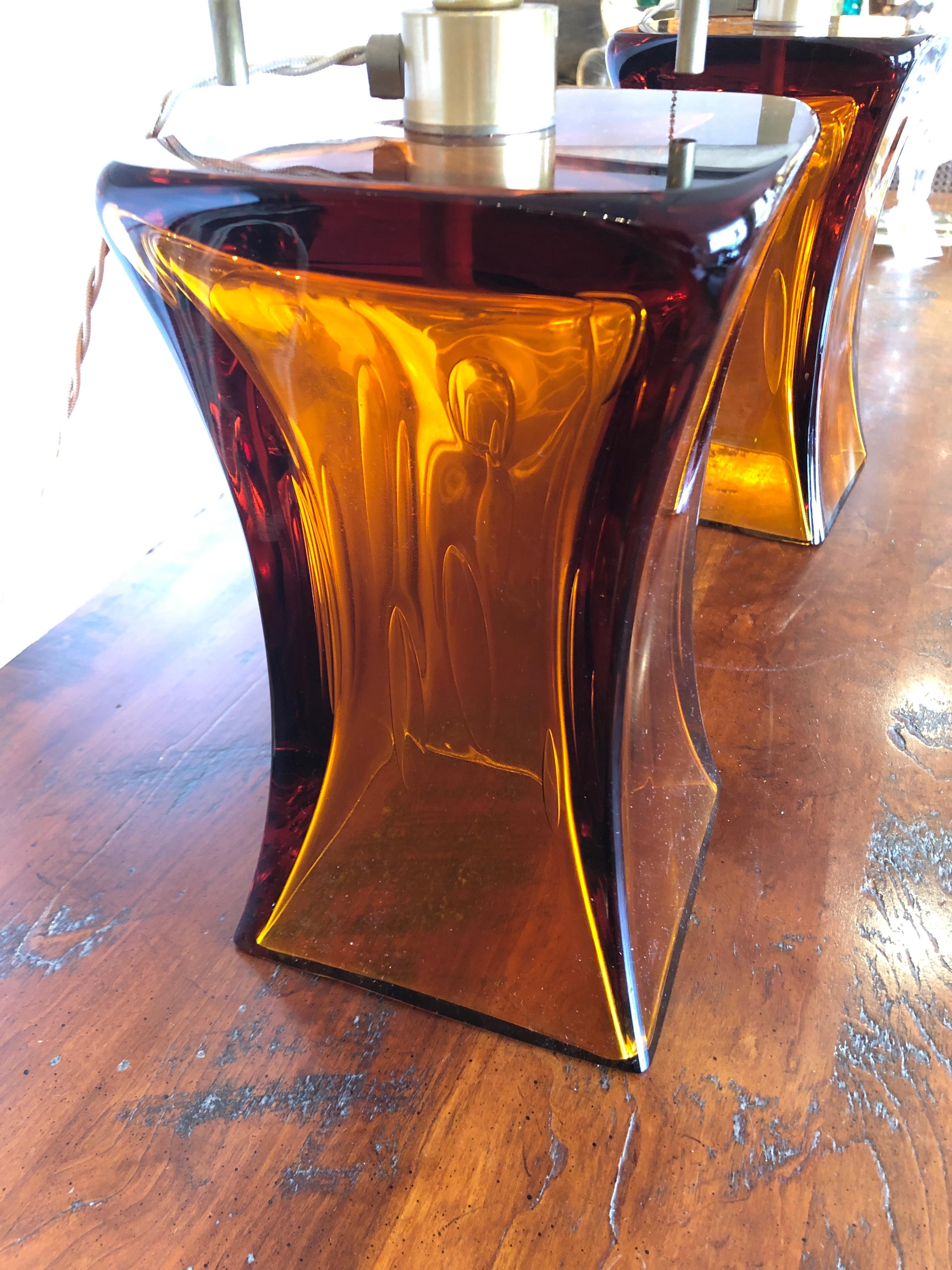 Late 20th Century Smashing Pair of Amber Blown Glass Mid-Century Modern Table Lamps by Donghia