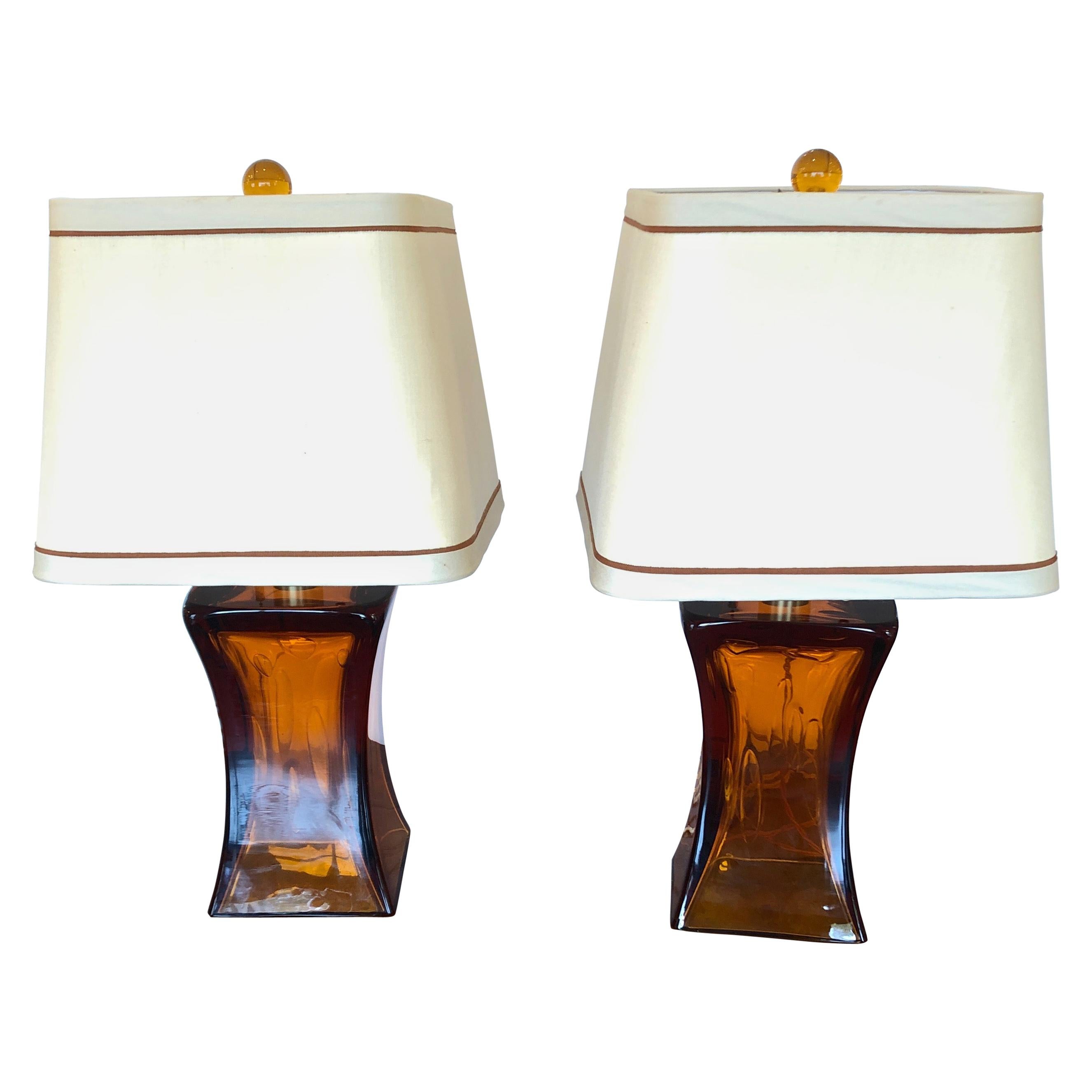 Smashing Pair of Amber Blown Glass Mid-Century Modern Table Lamps by Donghia