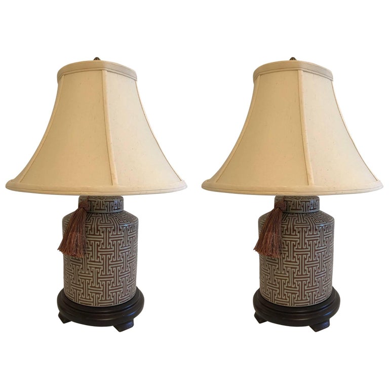 Smashing Pair of Chunky Brown and Grey Geometric Patterned Table Lamps ...
