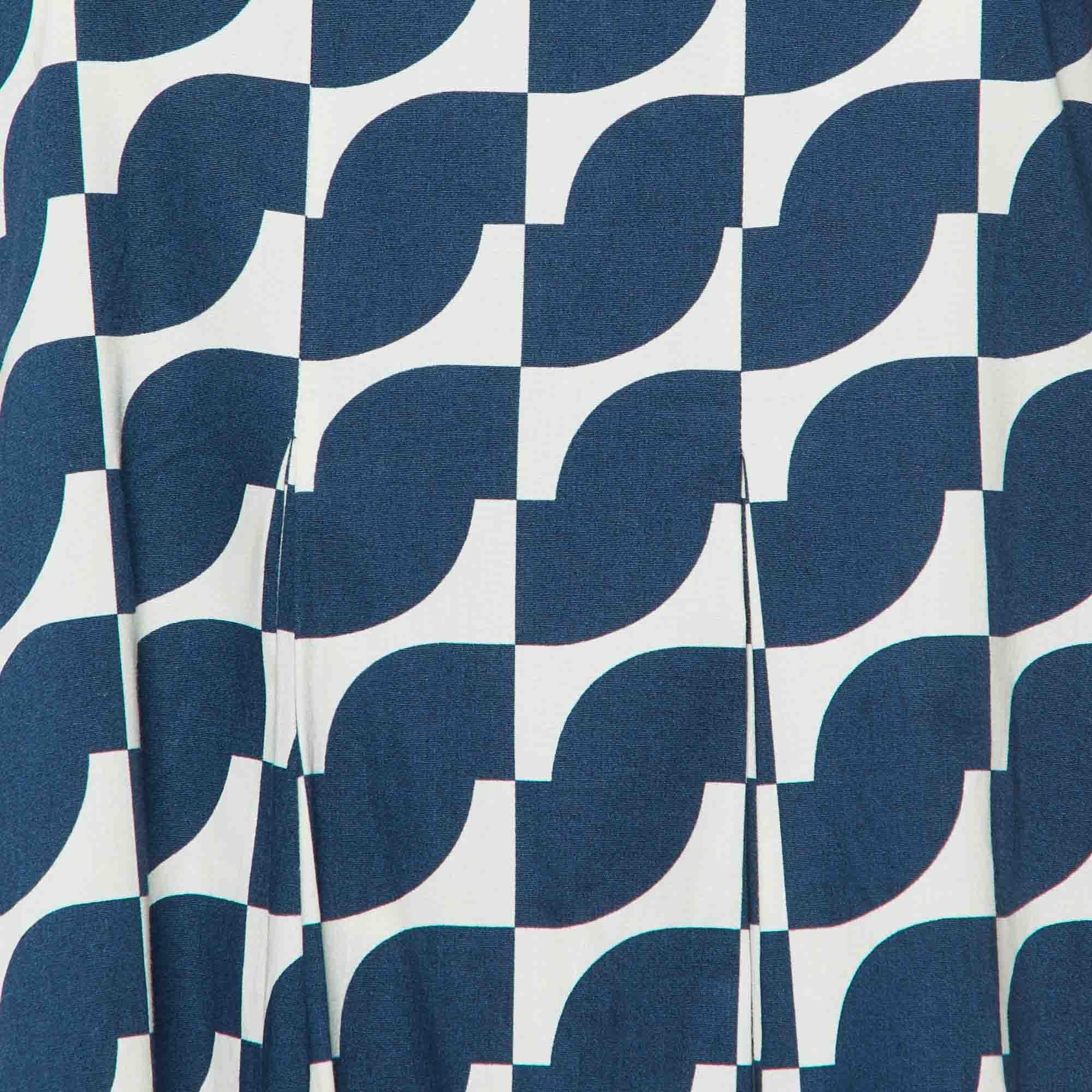 S'Max Mara Navy Blue Geometric Print Cotton Pleated Long Dress M In Good Condition For Sale In Dubai, Al Qouz 2