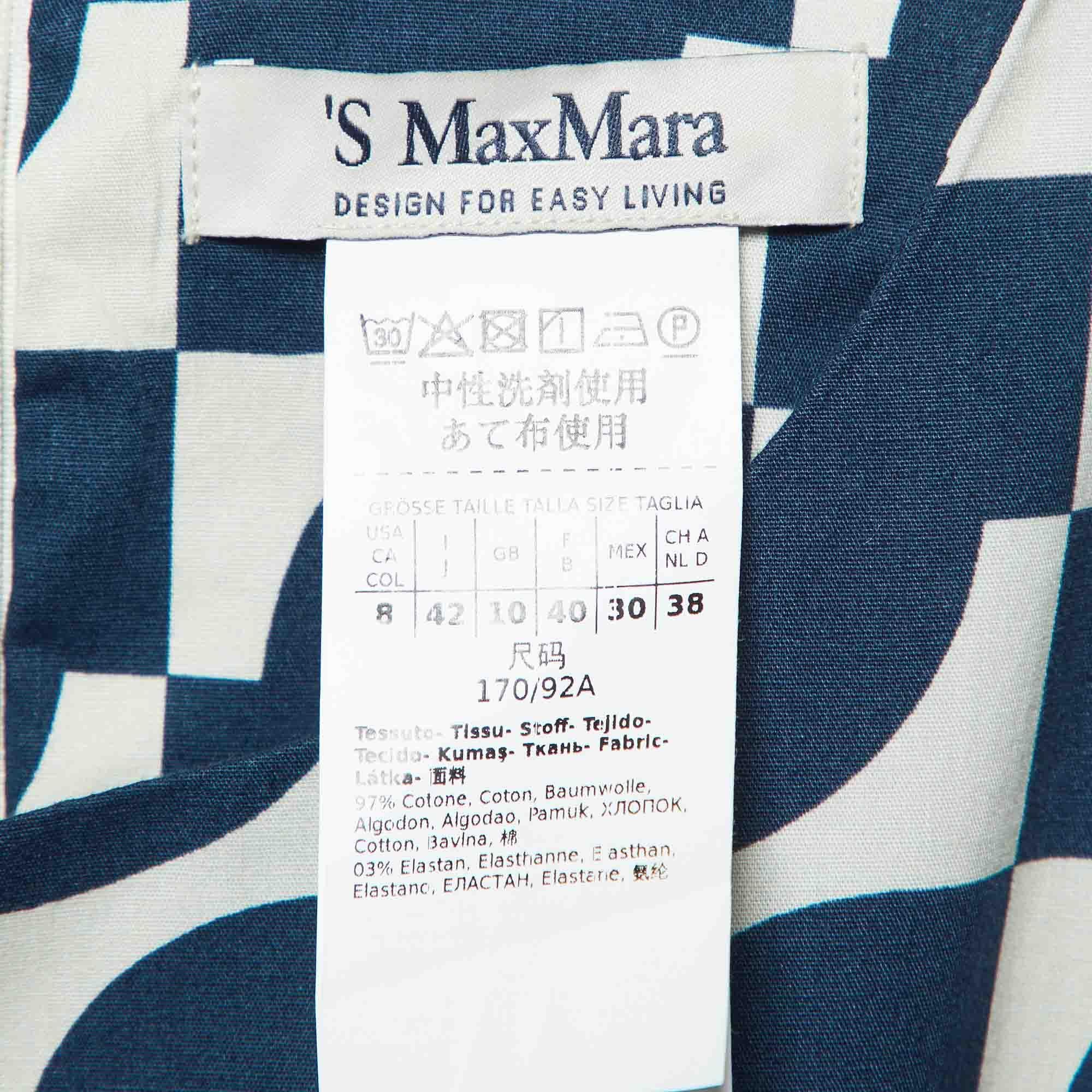 Women's S'Max Mara Navy Blue Geometric Print Cotton Pleated Long Dress M For Sale