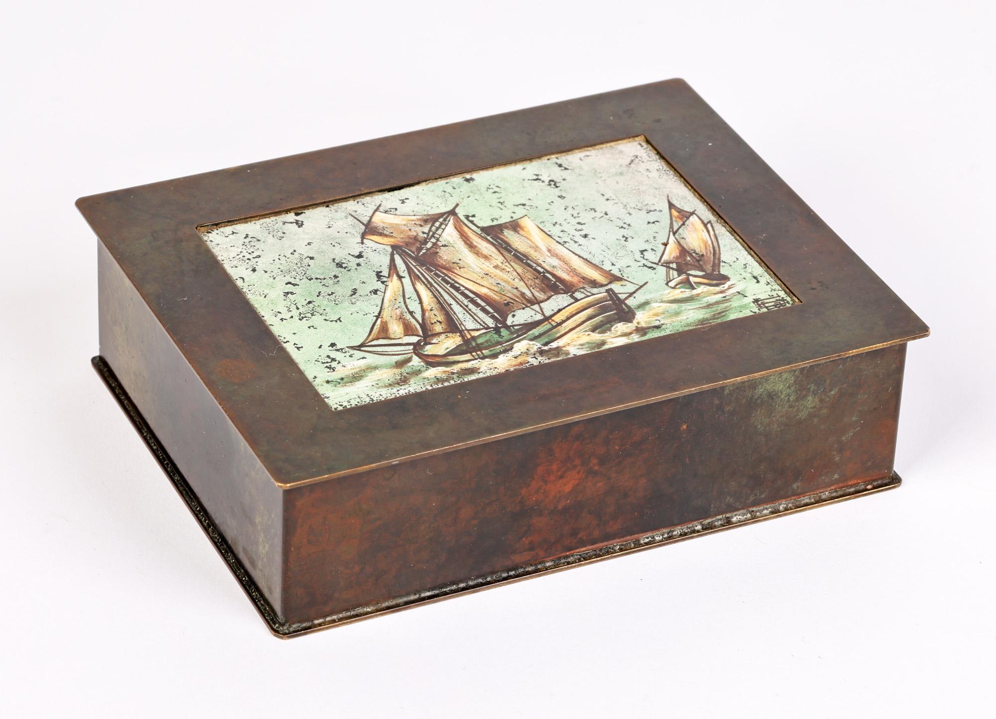 Mid-20th Century Smedien Danish Art Deco Enamel Sailing Boats Inlaid Bronze Box For Sale