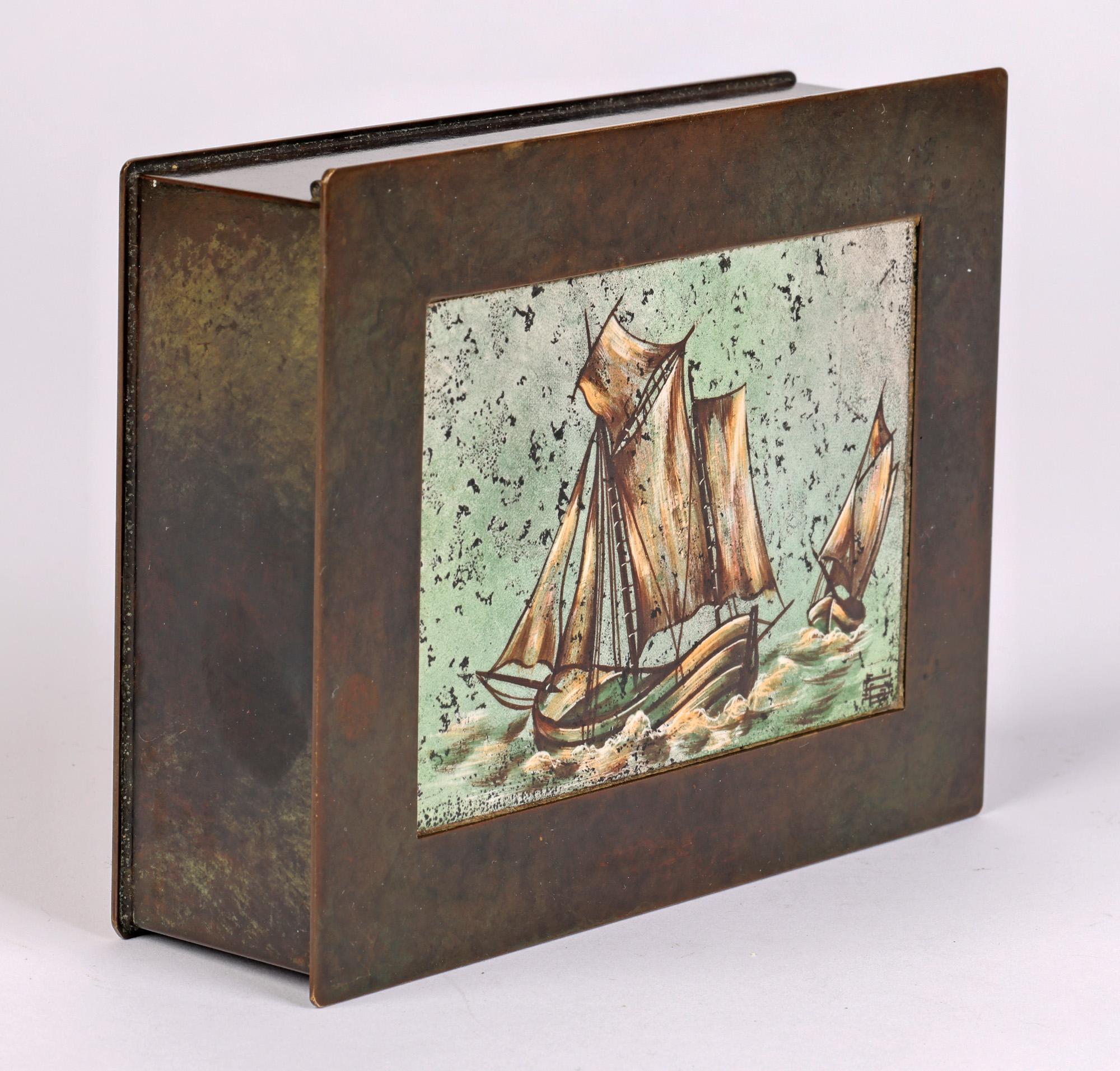 Smedien Danish Art Deco Enamel Sailing Boats Inlaid Bronze Box For Sale 3