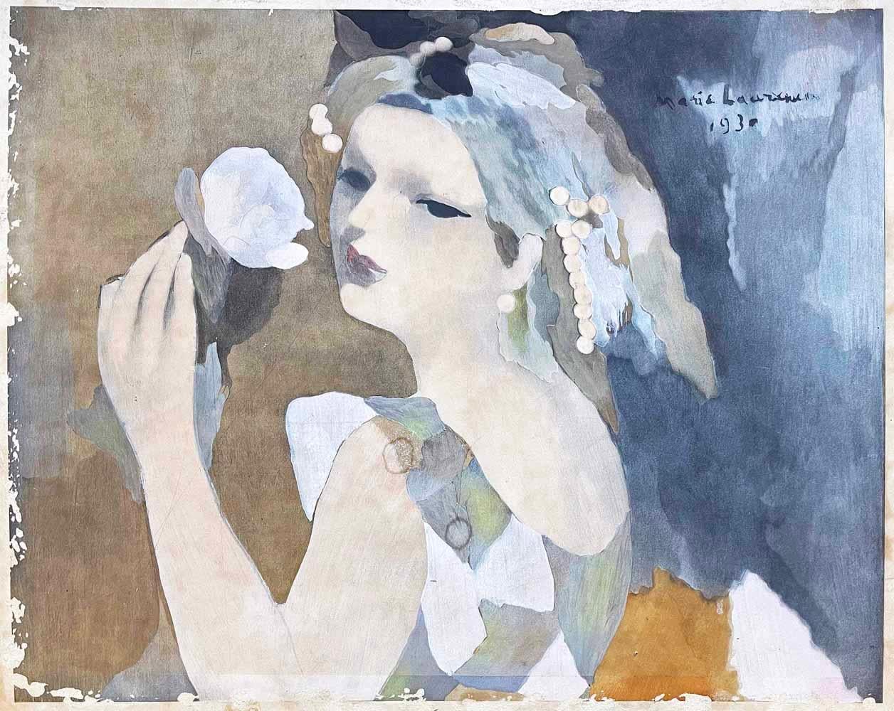 Belle et touchante, cette douce représentation d'une jeune femme tenant une rose, ses cheveux ornés de grappes de perles et sa robe évoquant un patchwork de couleurs à la Paul Poiret, est de Marie Laurencin, et a été peinte pour servir de base à une
