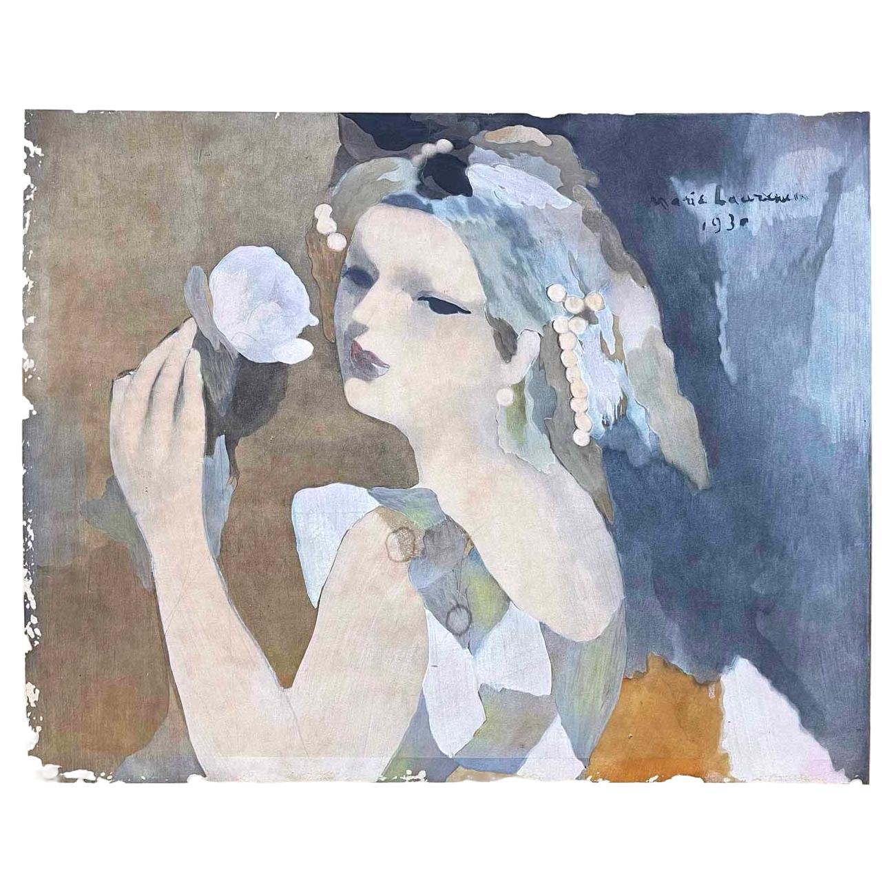 "Smelling the Rose", Stunning Painting by Marie Laurencin in Gray & Taupe, 1930